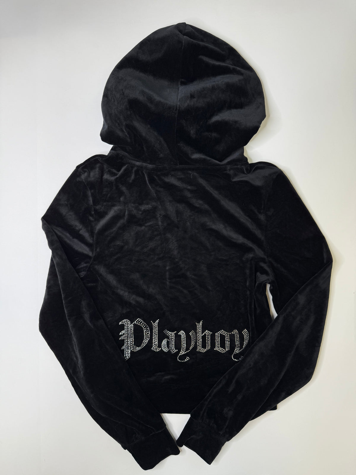 PLAYBOY RHINESTONE BUNNY VELOUR HOODIE HOOD BANDING BLACK (S)