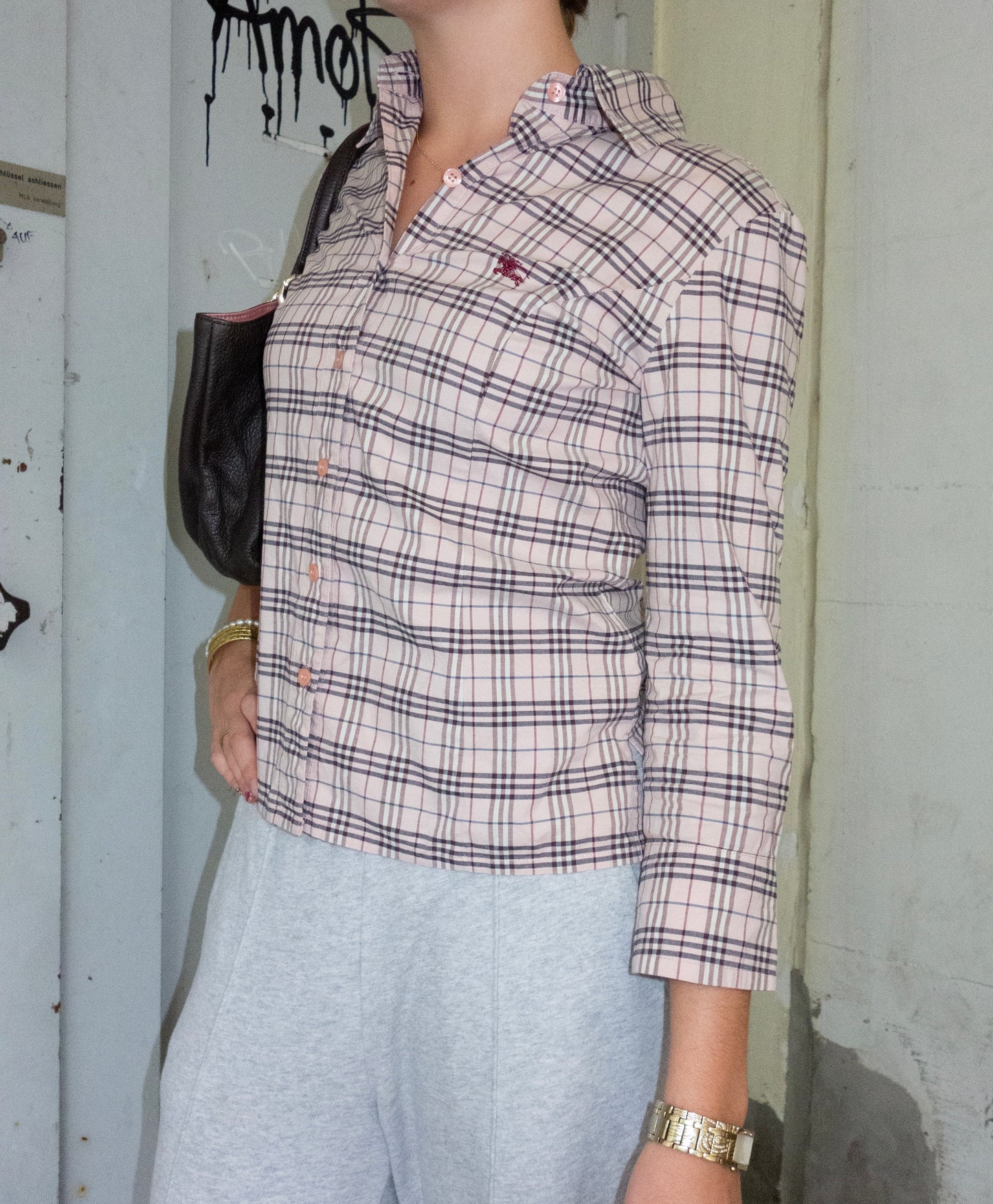 BURBERRY LIGHT PINK SIGNATURE CHECKERED SHIRT (S)
