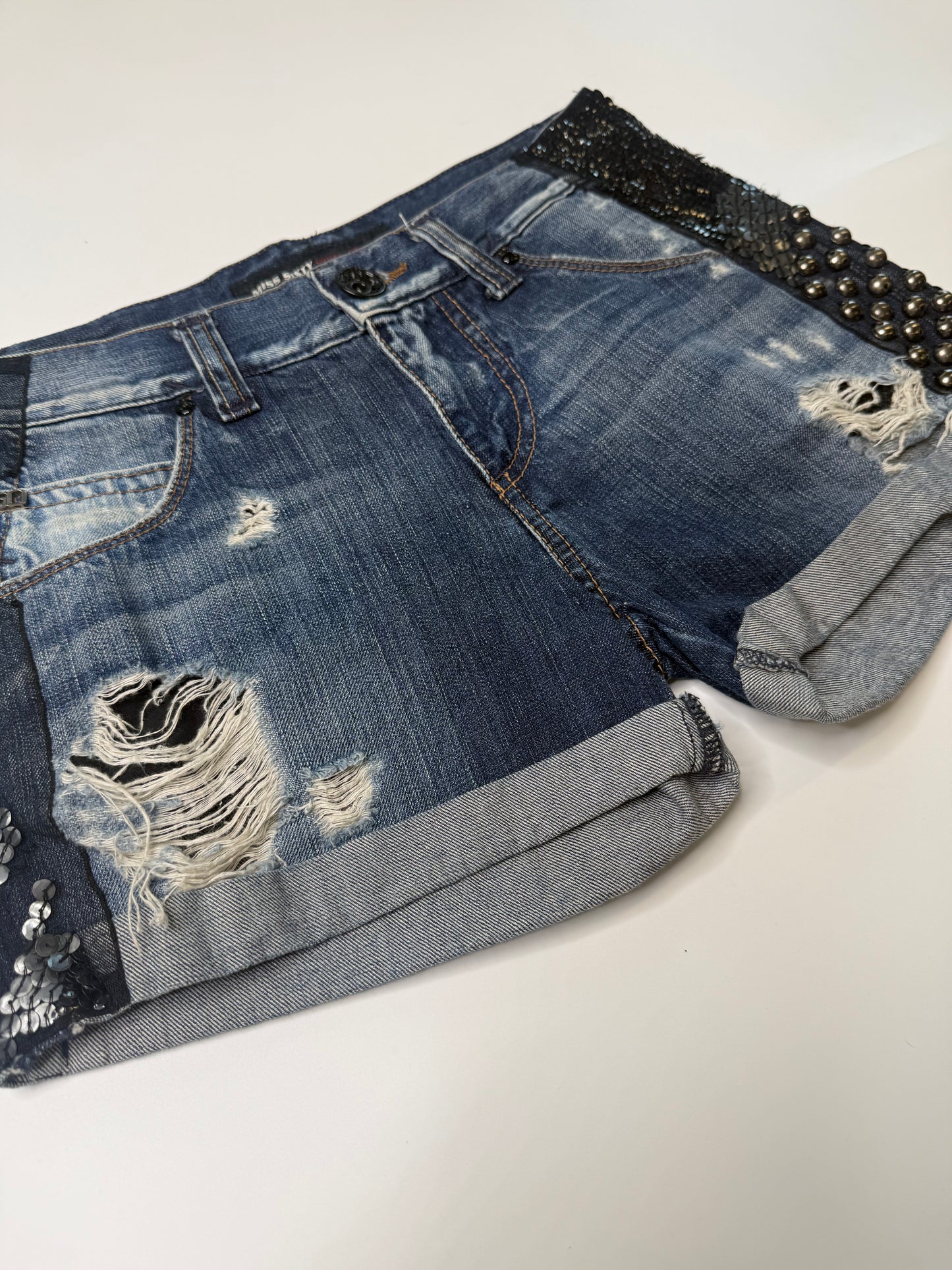 MISS SIXTY VINTAGE STUDDED SEQUIN DENIM SHORTS