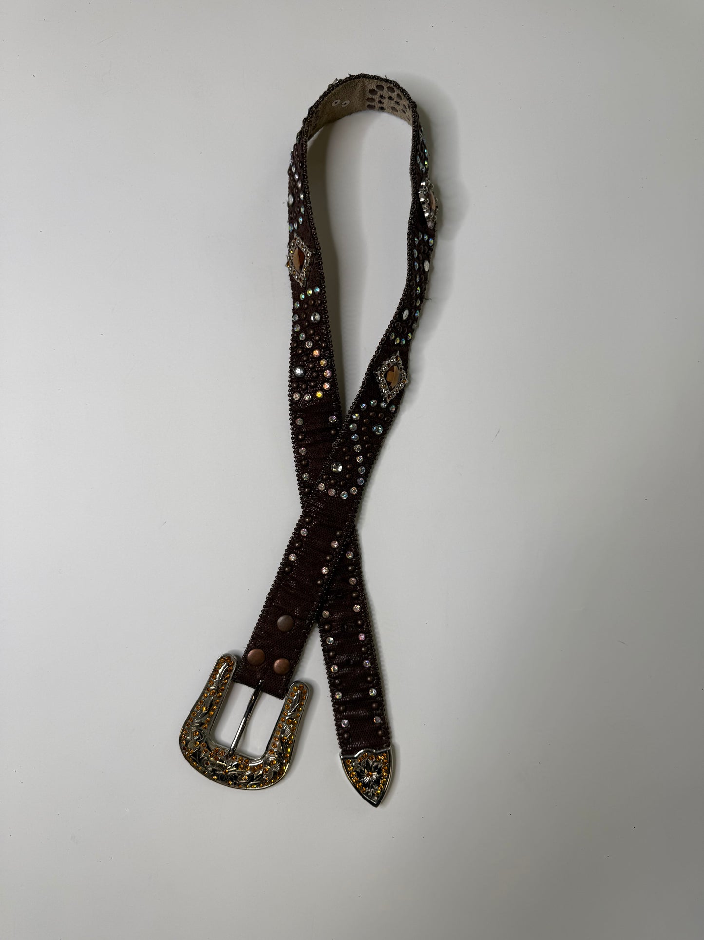 RHINESTONE WESTERN BELT – EMBOSSED LEATHER BROWN (M)