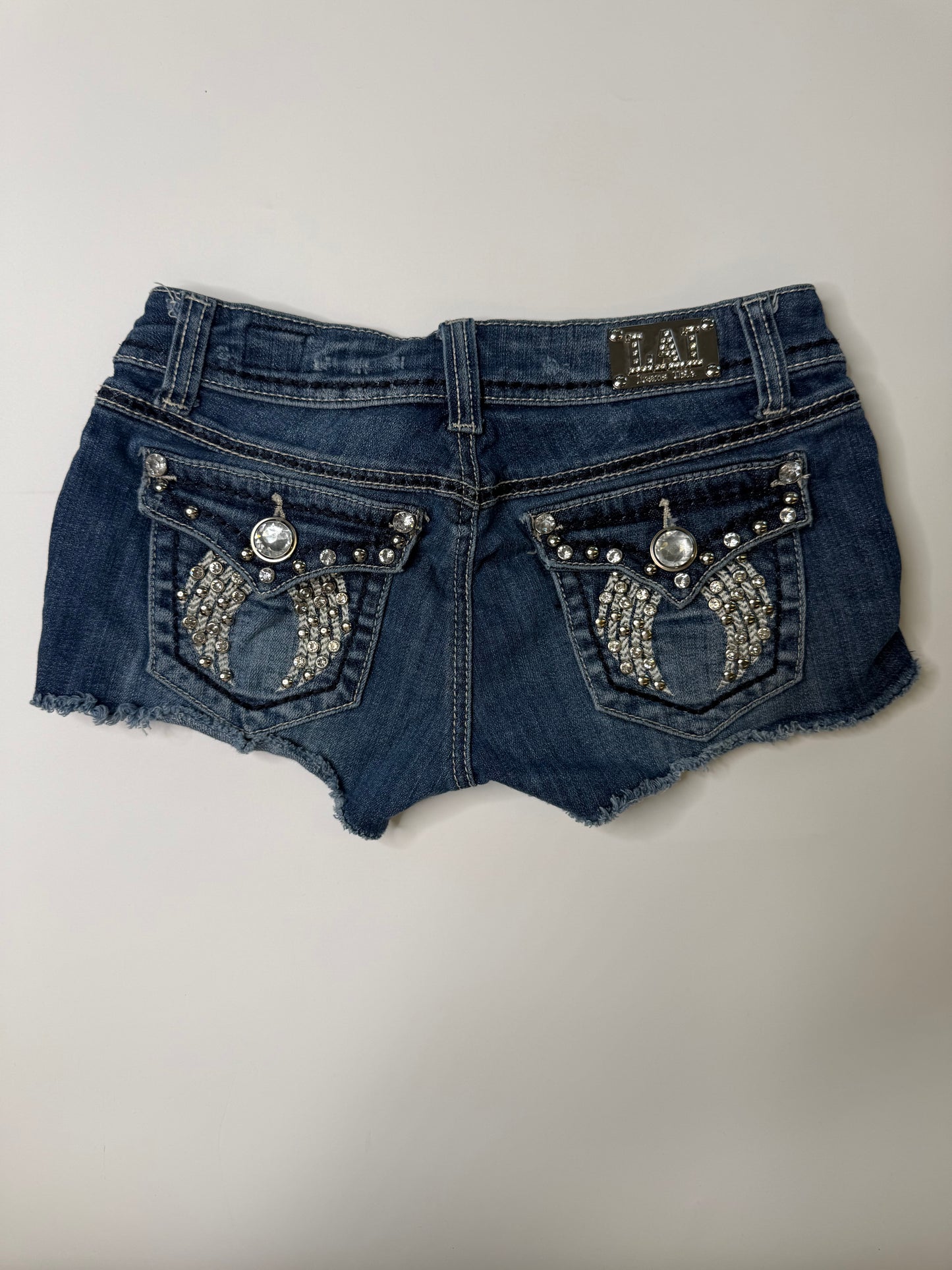 L.A.I. VINTAGE RHINESTONE WING POCKET DENIM SHORTS