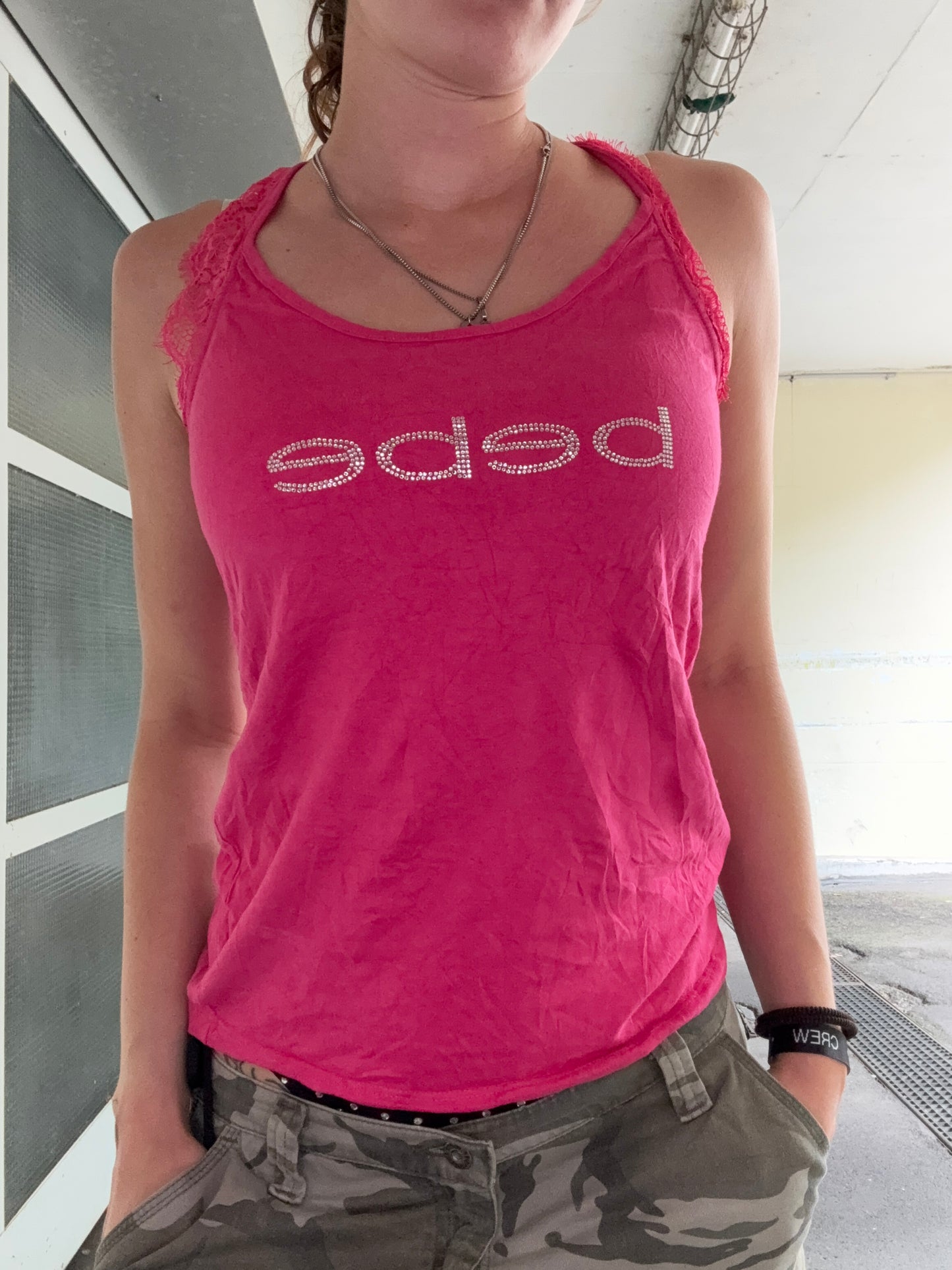 VINTAGE PINK BEBE LACE TOP (M)