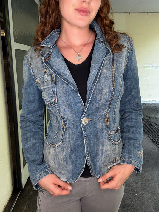 FREE SOUL DENIM BLAZER – BLUE LEOPARD LINING (S)