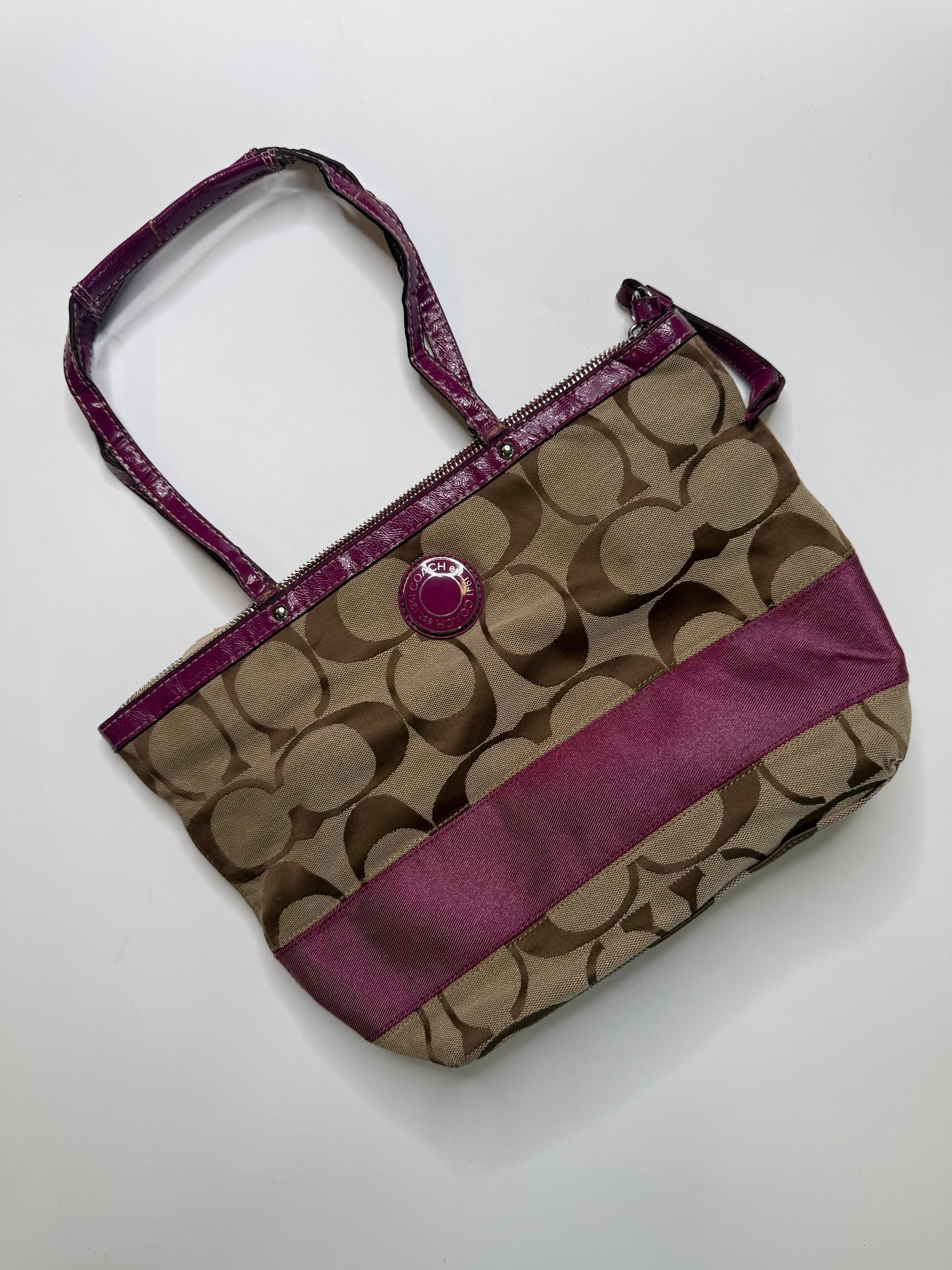 COACH VINTAGE SIGNATURE CANVAS MAGENTA TRIM TOTE BAG