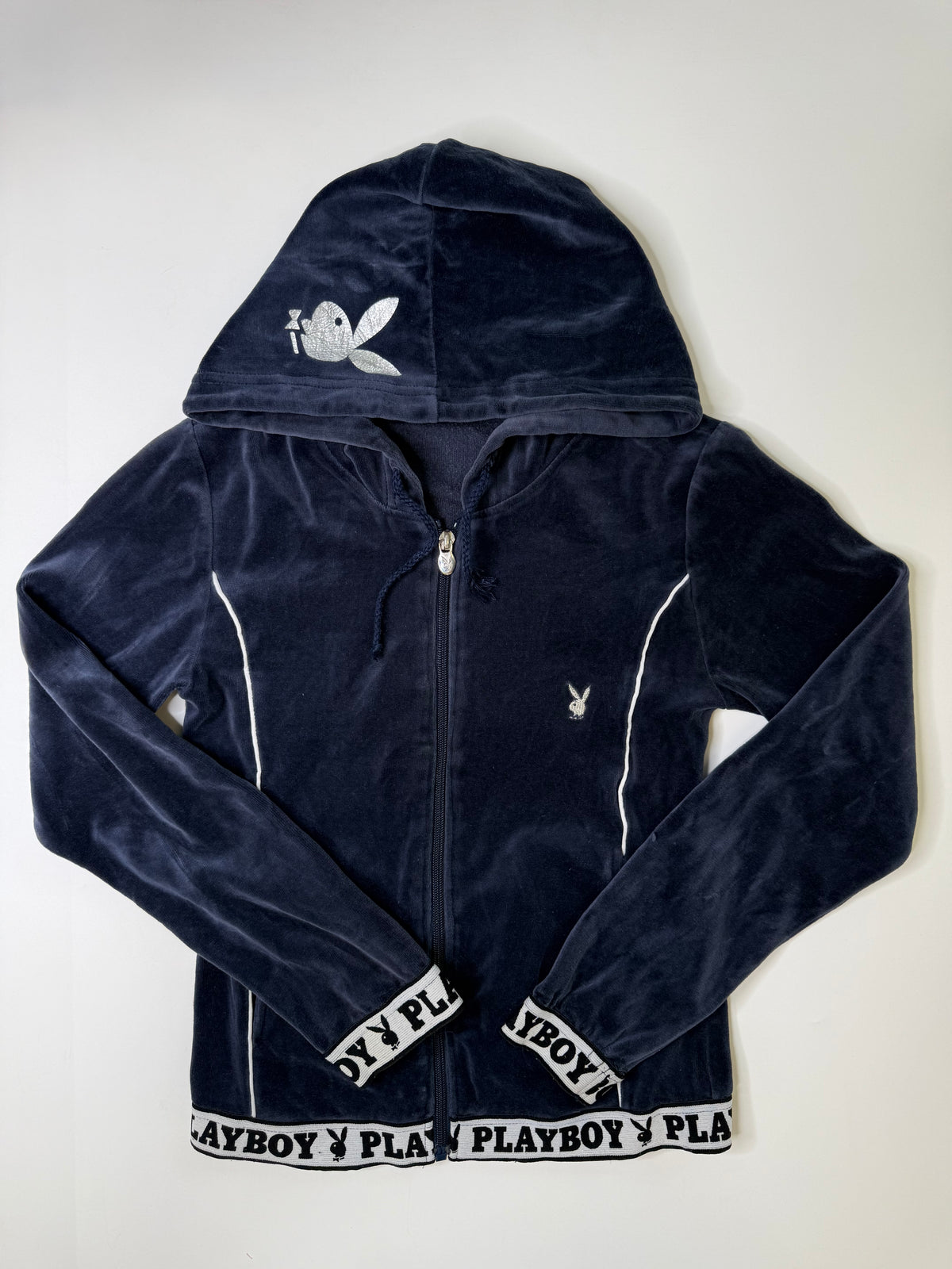 PLAYBOY LOGO BAND VELOUR HOODIE NAVY (S)