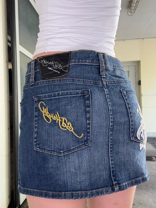 ED HARDY VINTAGE LOVE KILLS SLOWLY DENIM MINI SKIRT