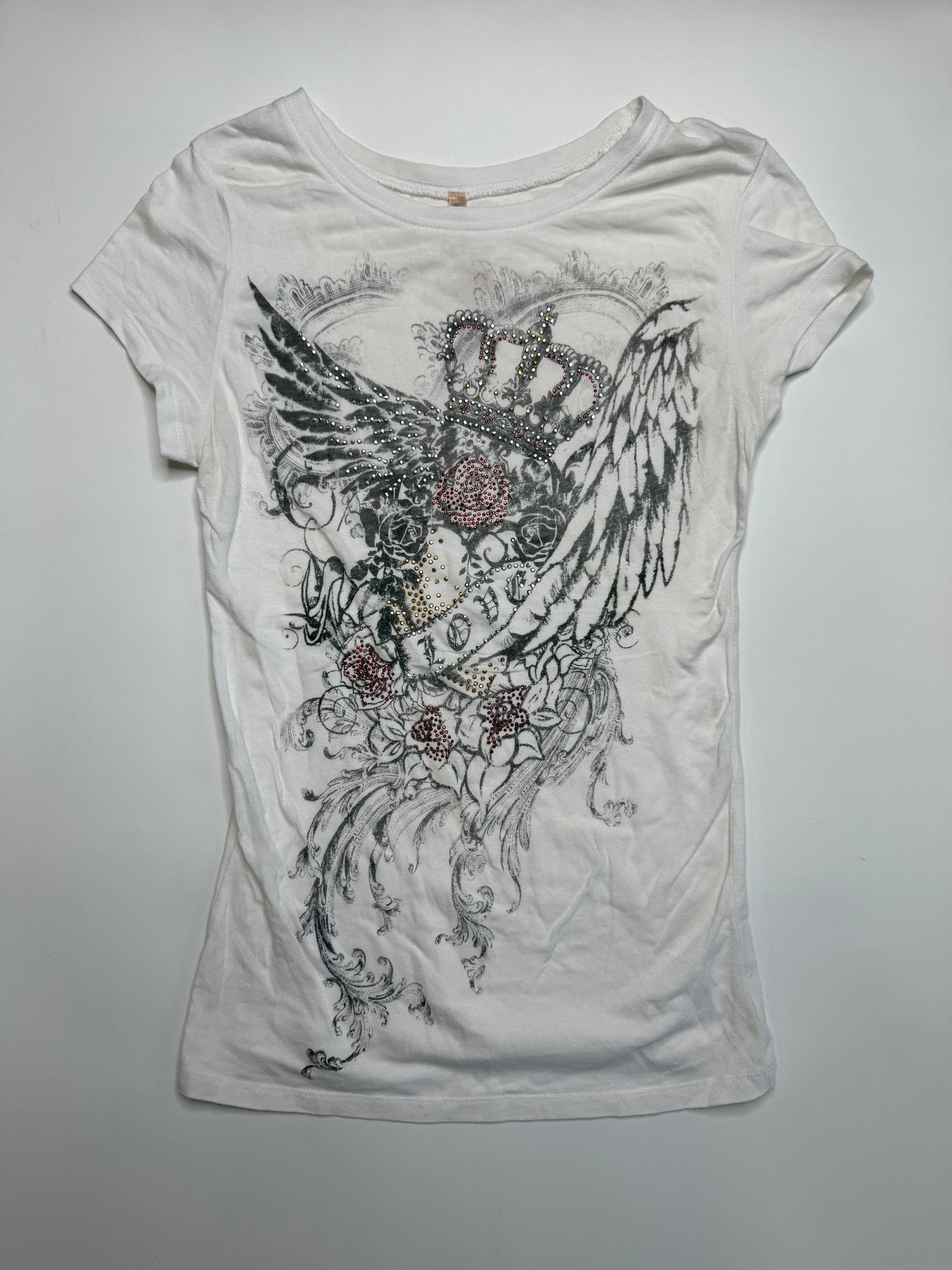 VINTAGE TATTOO ART RHINESTONE GRAPHIC T-SHIRT (S-M)