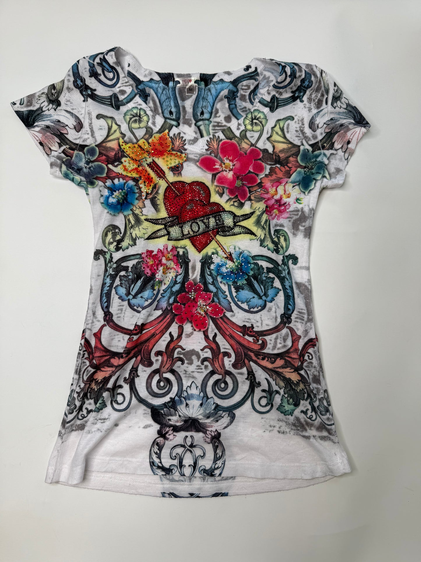 VINTAGE TATTOO ART GRAPHIC RHINESTONE T-SHIRT (LOVE) (M)