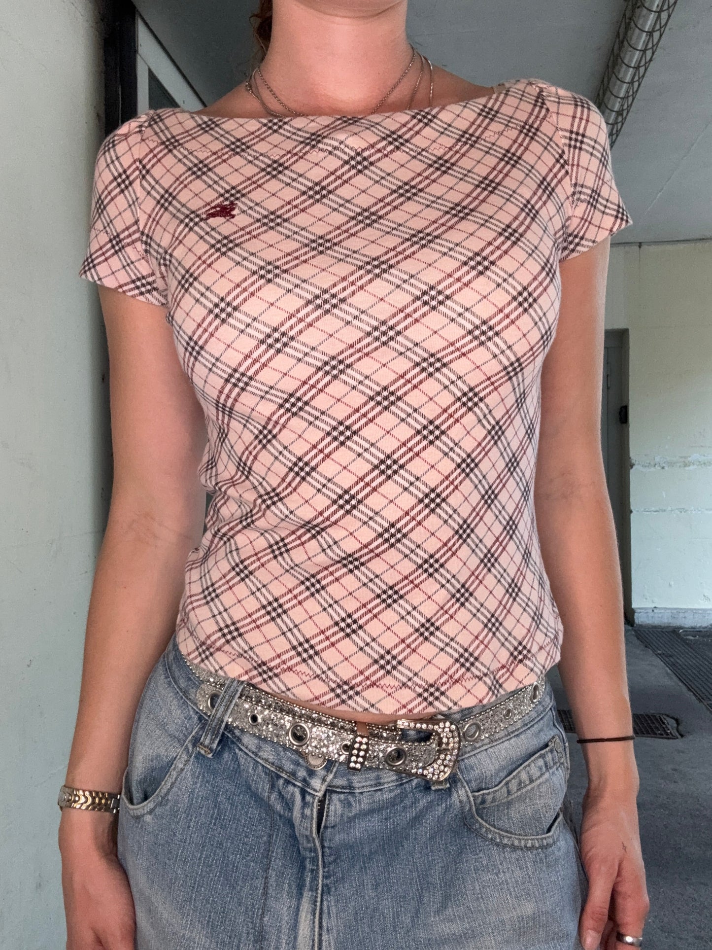 BURBERRY LONDON PINK NOVA CHECK BOAT NECK TOP