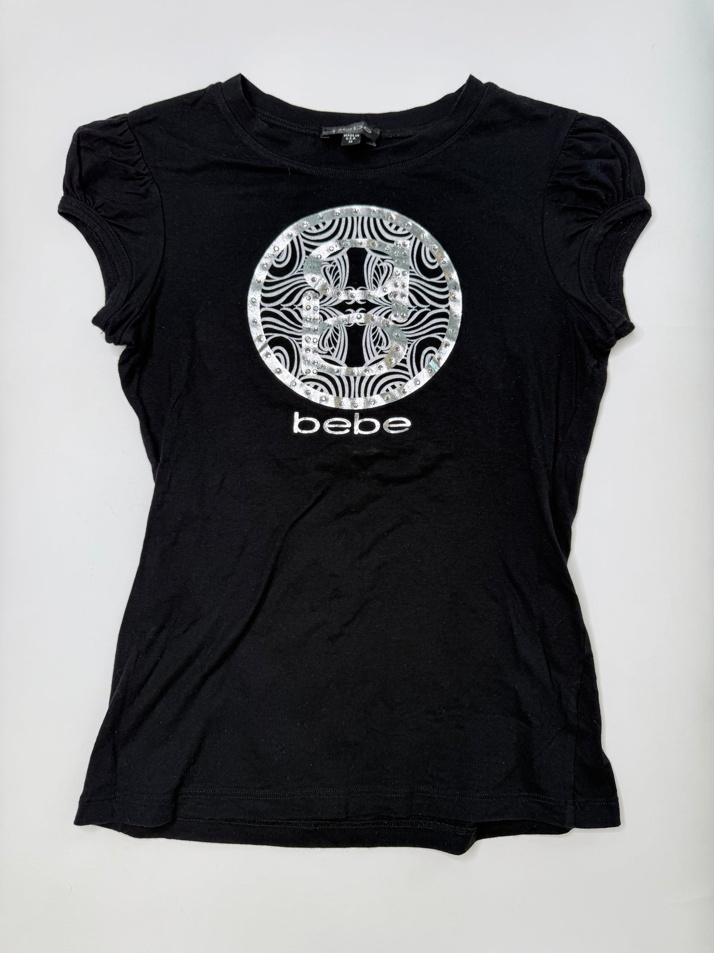 BEBE VINTAGE METALLIC RHINESTONE LOGO RUSHED SLEEVE T-SHIRT (M)