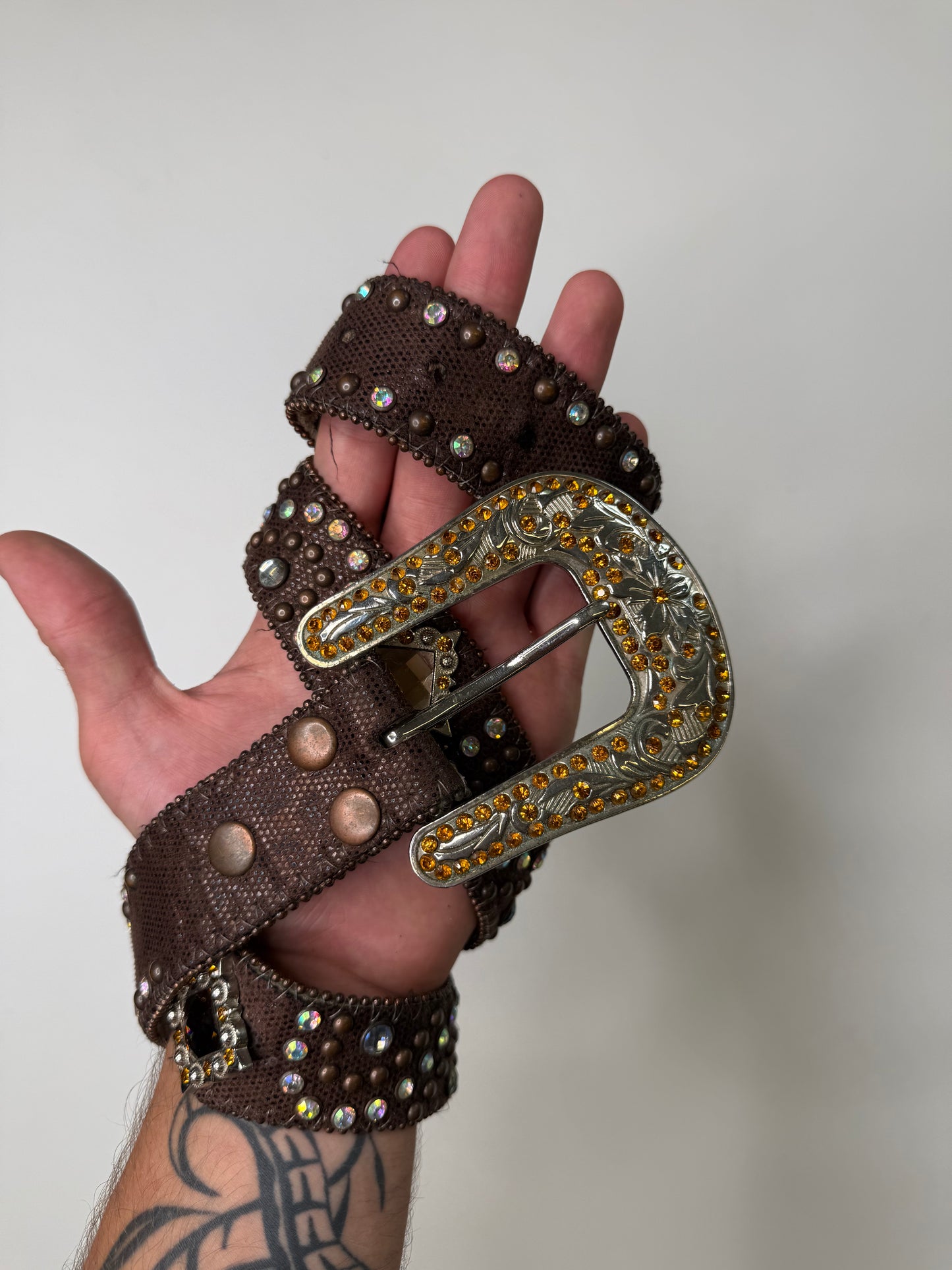 RHINESTONE WESTERN BELT – EMBOSSED LEATHER BROWN (M)
