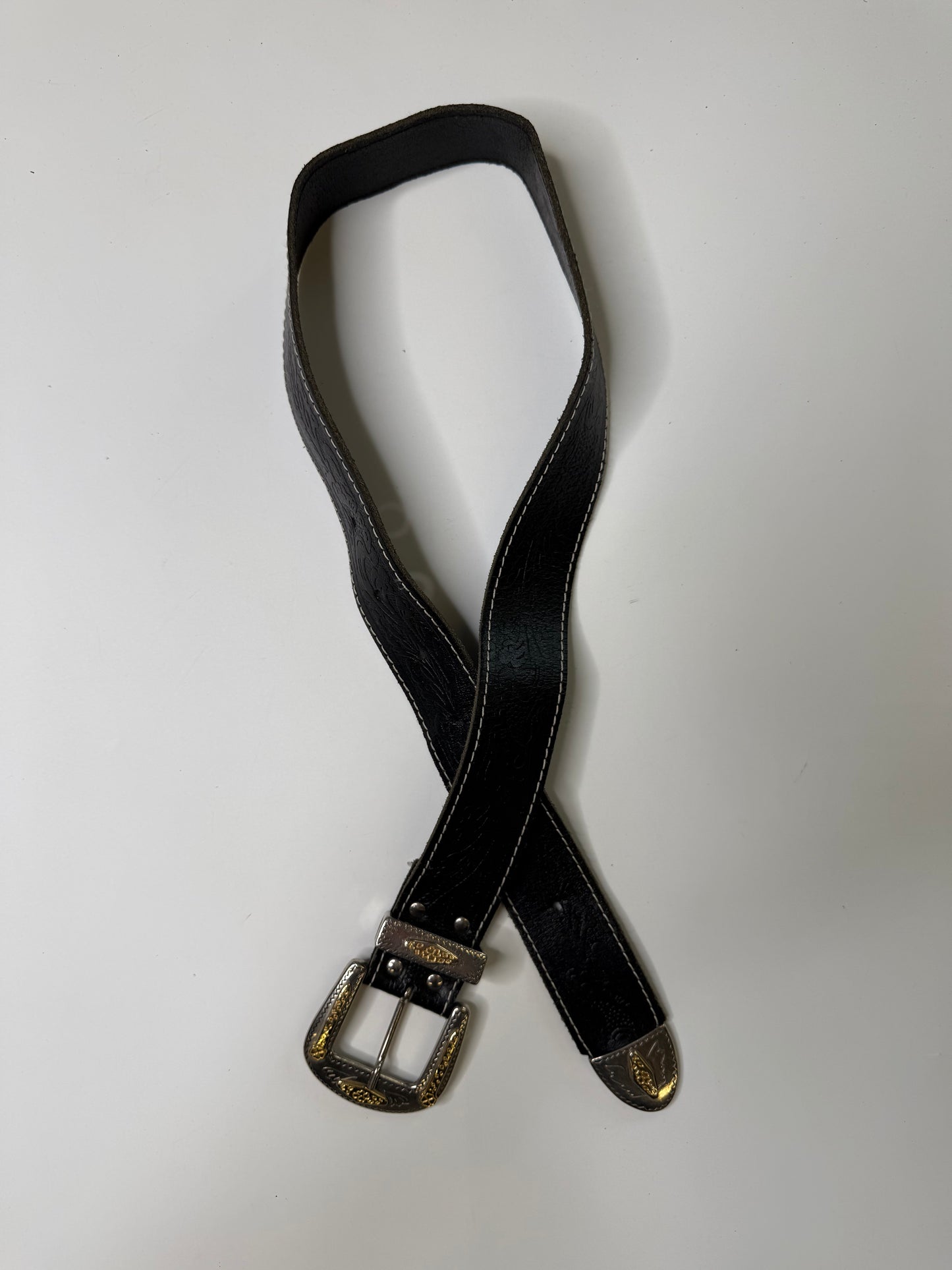 WESTERN TOOLED LEATHER BELT – SILVER BUCKLE BLACK (XS-S)