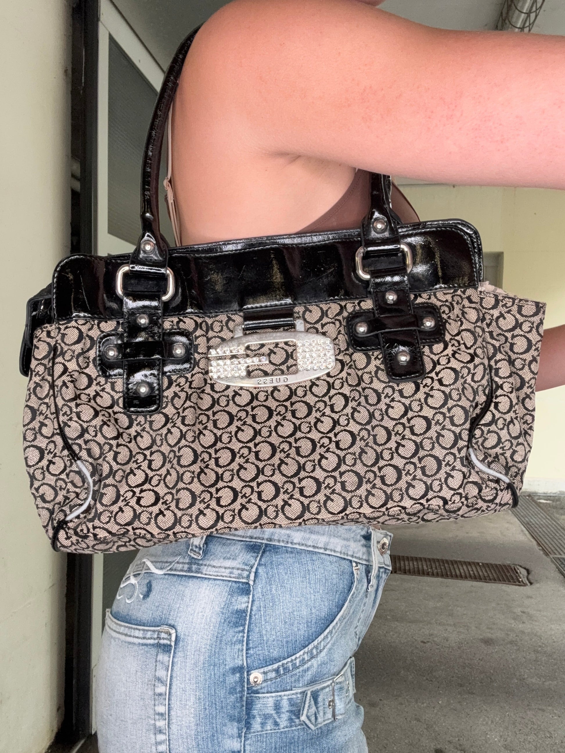 GUESS VINTAGE MONOGRAM RHINESTONE BUCKLE HANDBAG