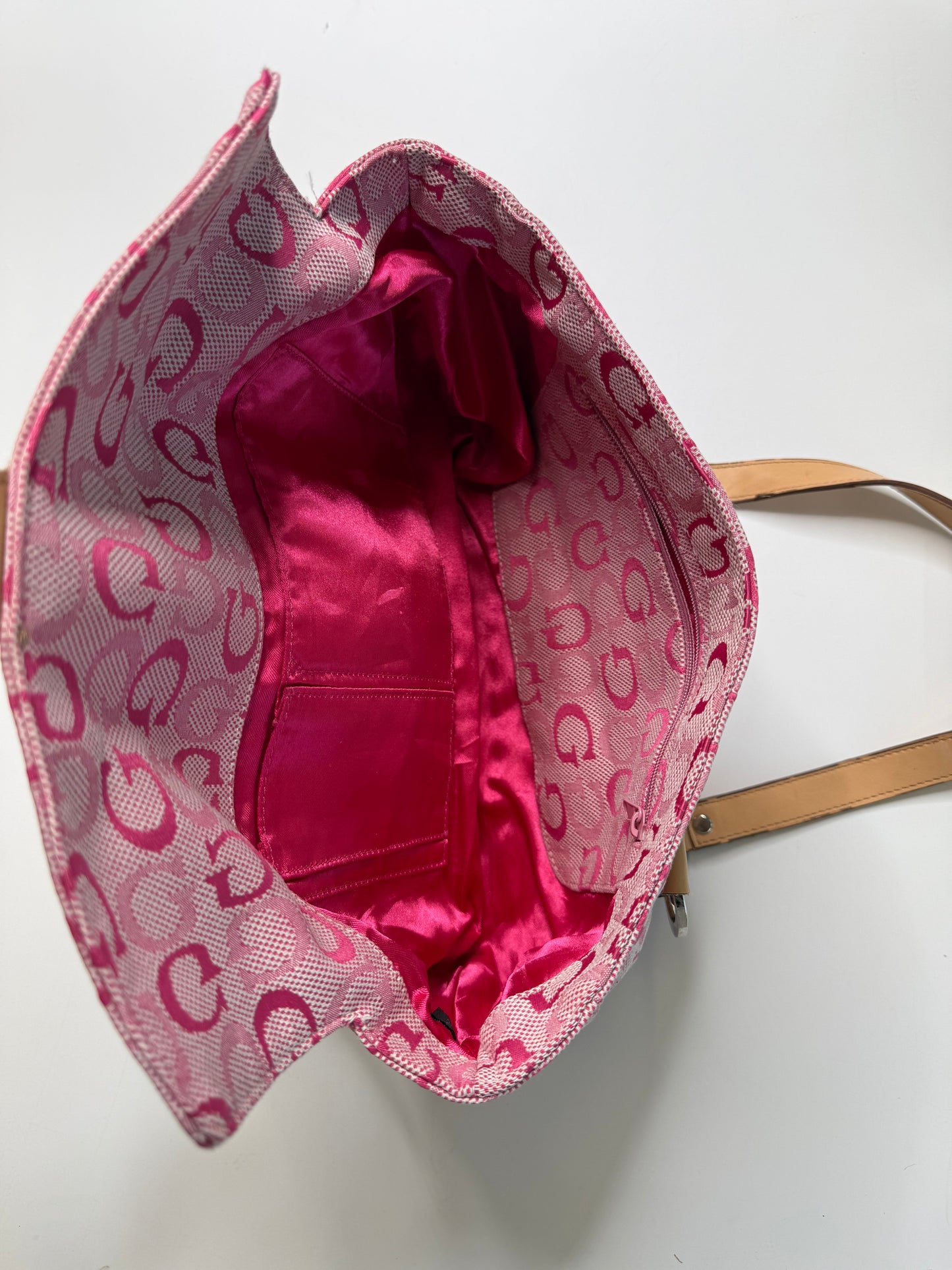 GUESS VINTAGE PINK LOGO JACQUARD TAN TRIM TOTE BAG