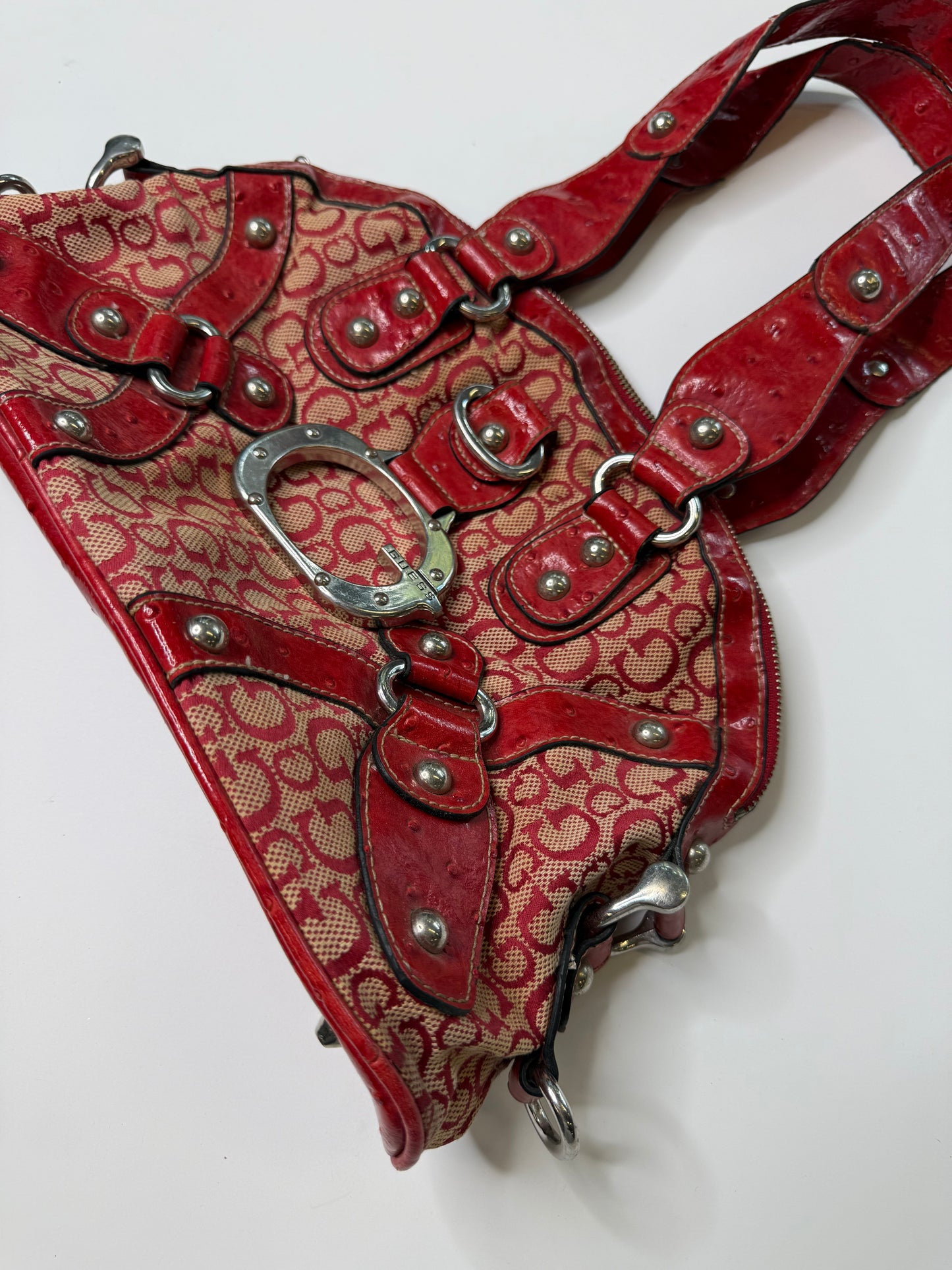 GUESS VINTAGE RED OSTRICH-EMBOSSED MONOGRAM BOWLER BAG