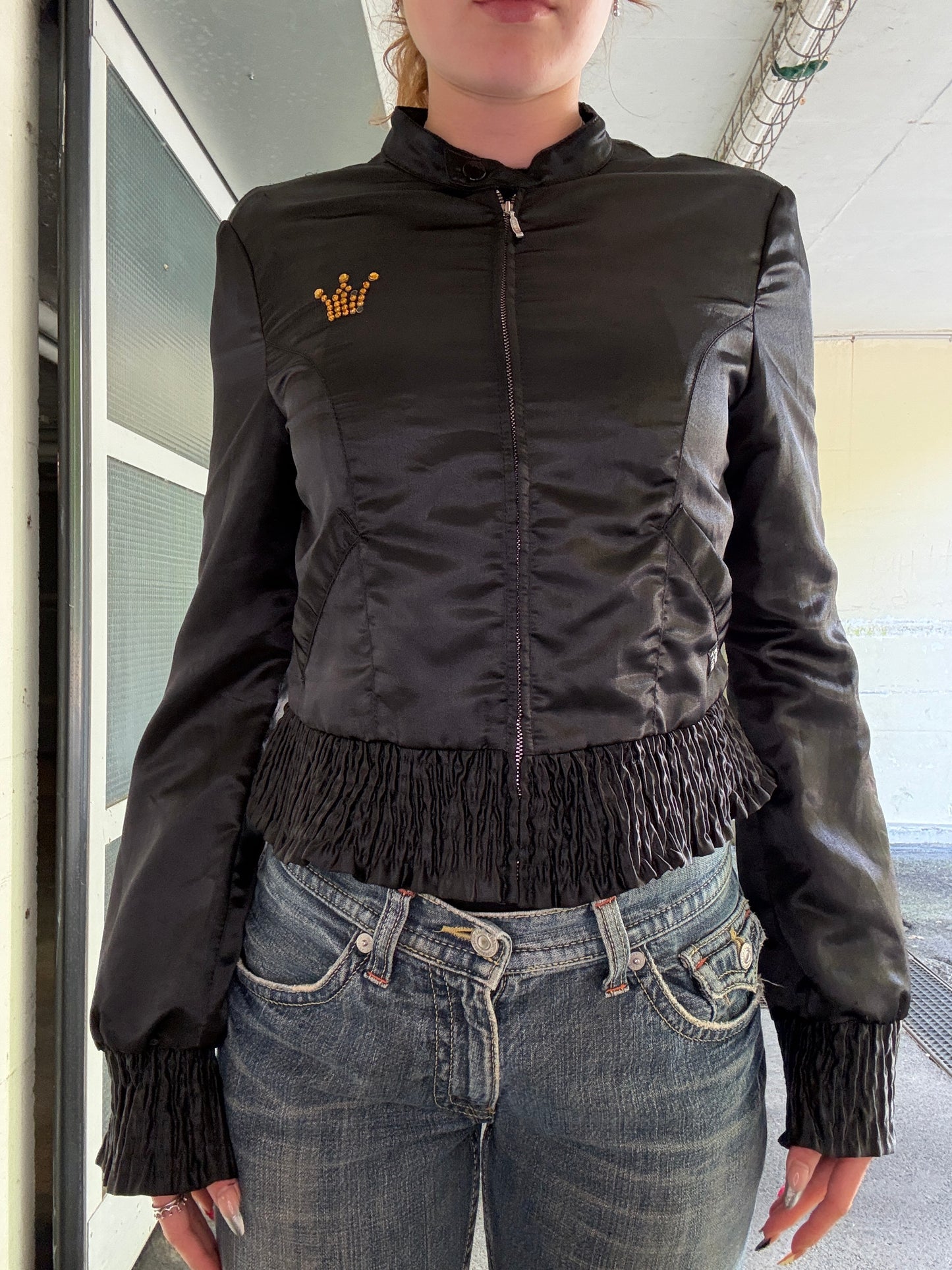 VINTAGE 2000s MISS SIXTY RHINESTONE RUFFLED JACKET