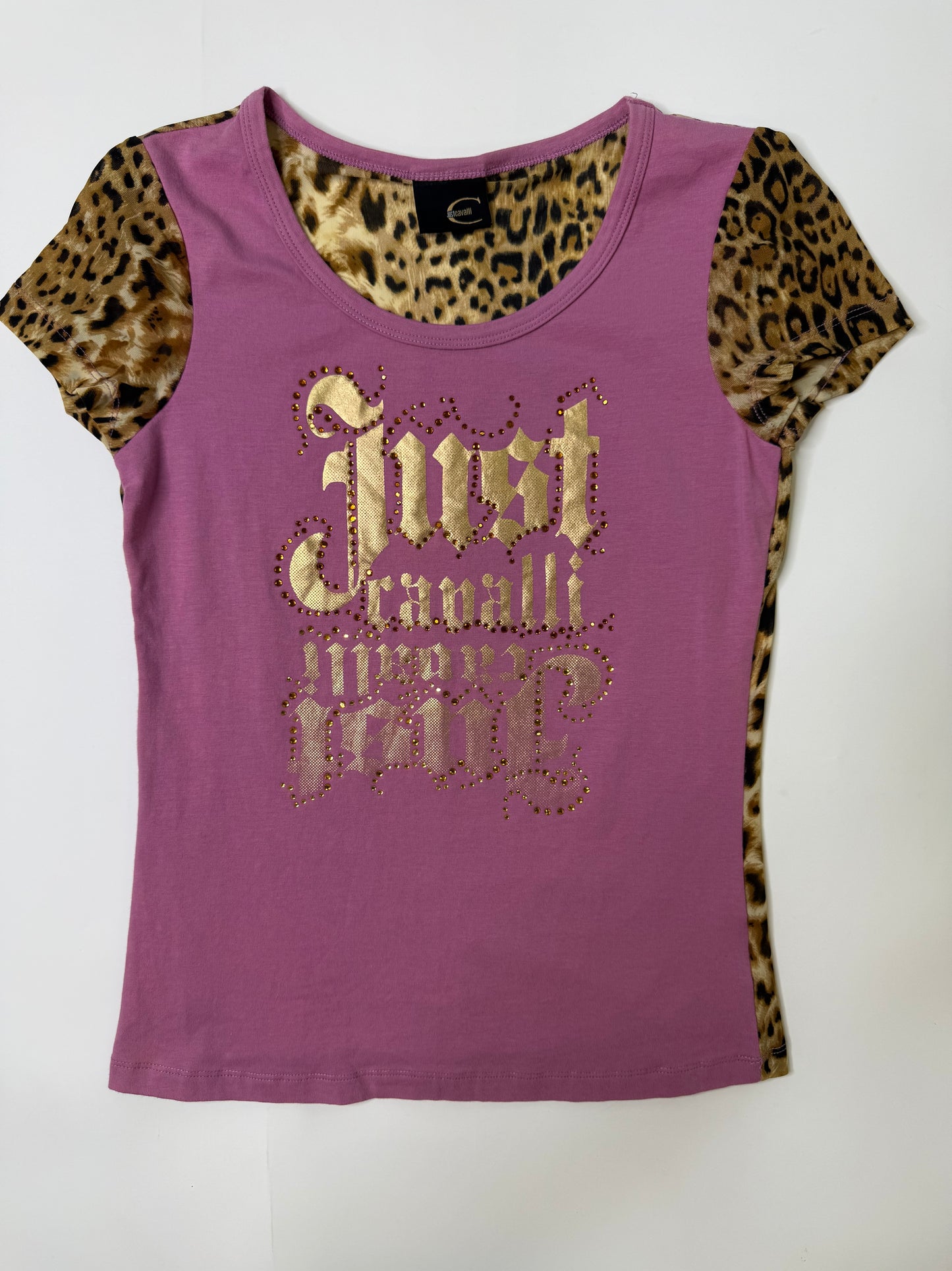JUST CAVALLI VINTAGE LEOPARD PRINT RHINESTONE TOP (S/M)