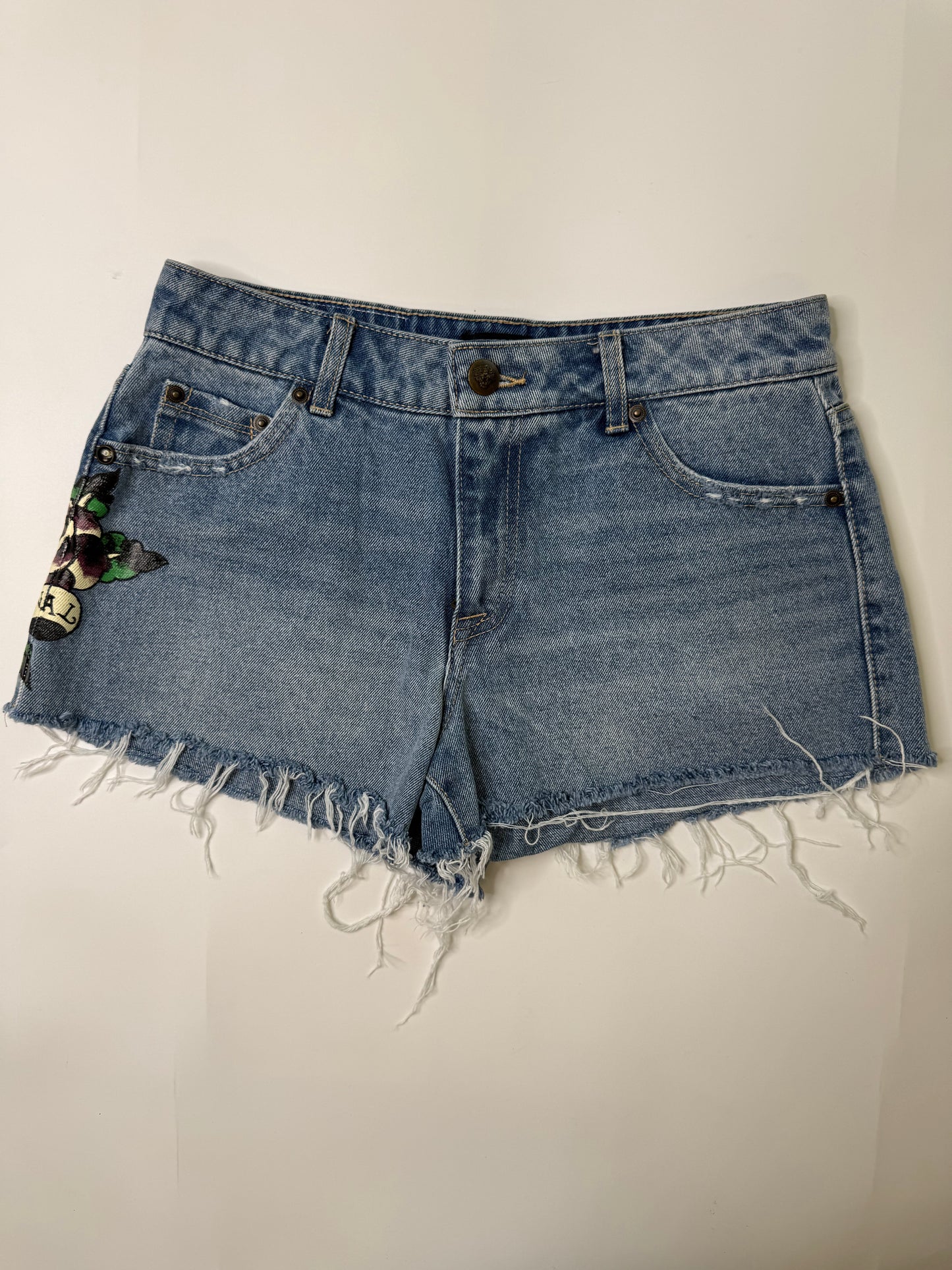 ED HARDY VINTAGE LOVE ETERNAL DENIM CUTOFF SHORTS (S)