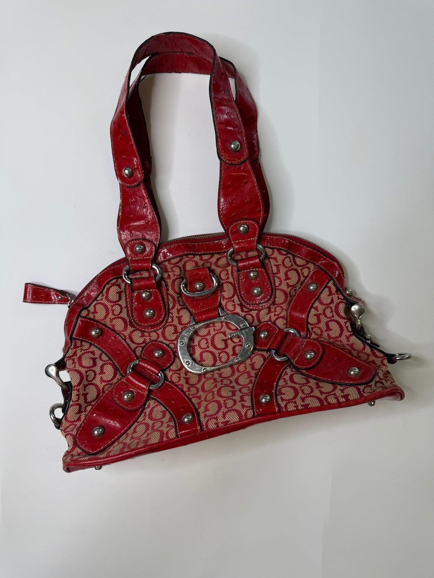 GUESS VINTAGE RED OSTRICH-EMBOSSED MONOGRAM BOWLER BAG
