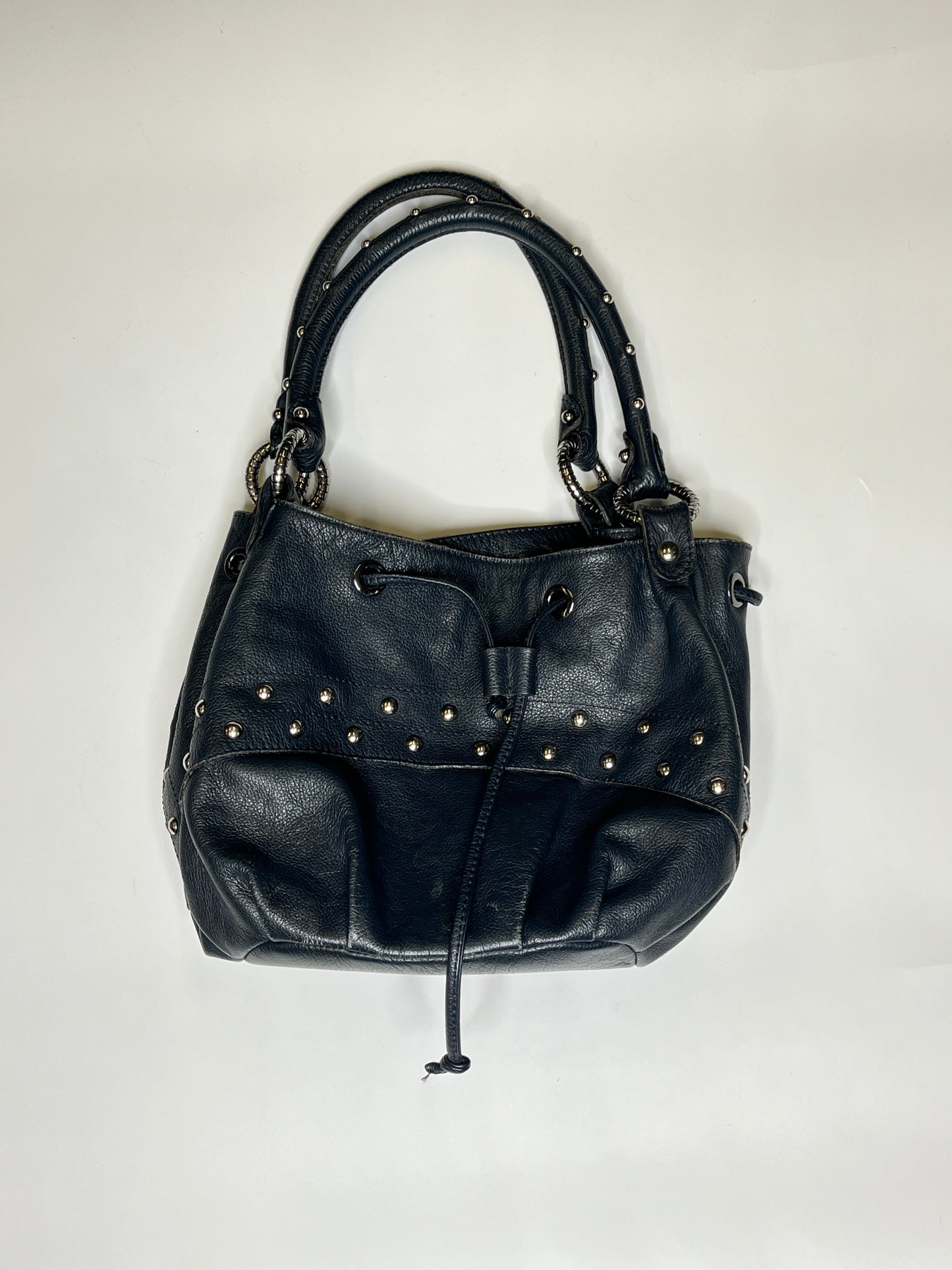 GENUILE LEATHER NAVY BLUE SILVER DOTS PURSE WITH MIRROR