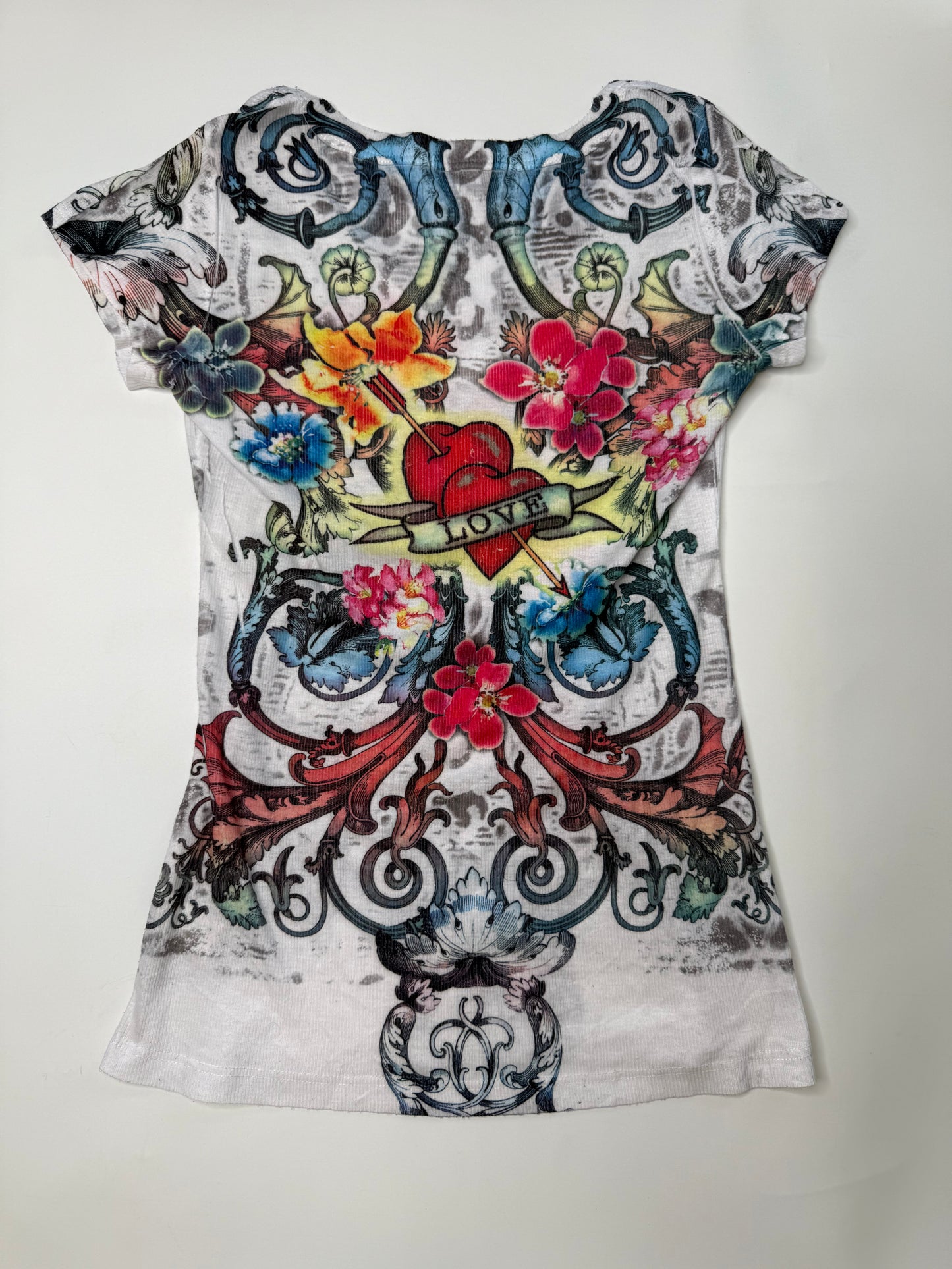 VINTAGE TATTOO ART GRAPHIC RHINESTONE T-SHIRT (LOVE) (M)