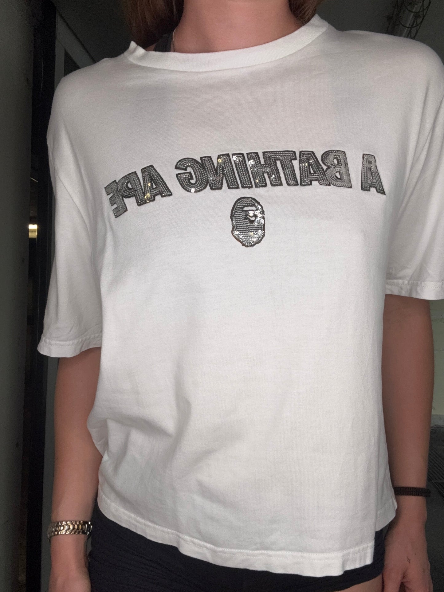 BAPE 30TH ANNIVERSARY SEQUIN LOGO TEE – WHITE (XS)