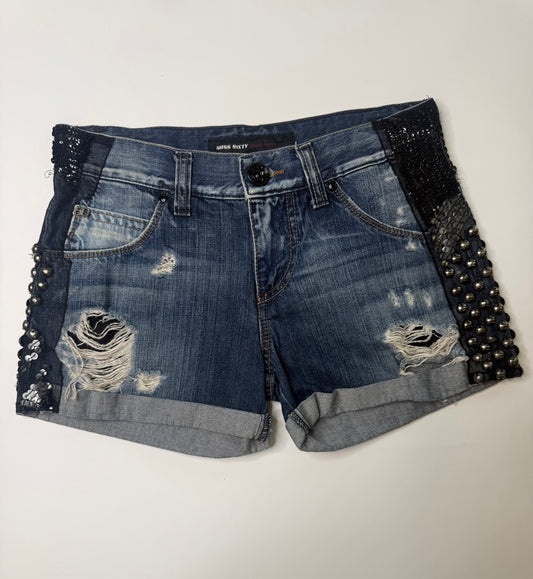 MISS SIXTY VINTAGE STUDDED SEQUIN DENIM SHORTS