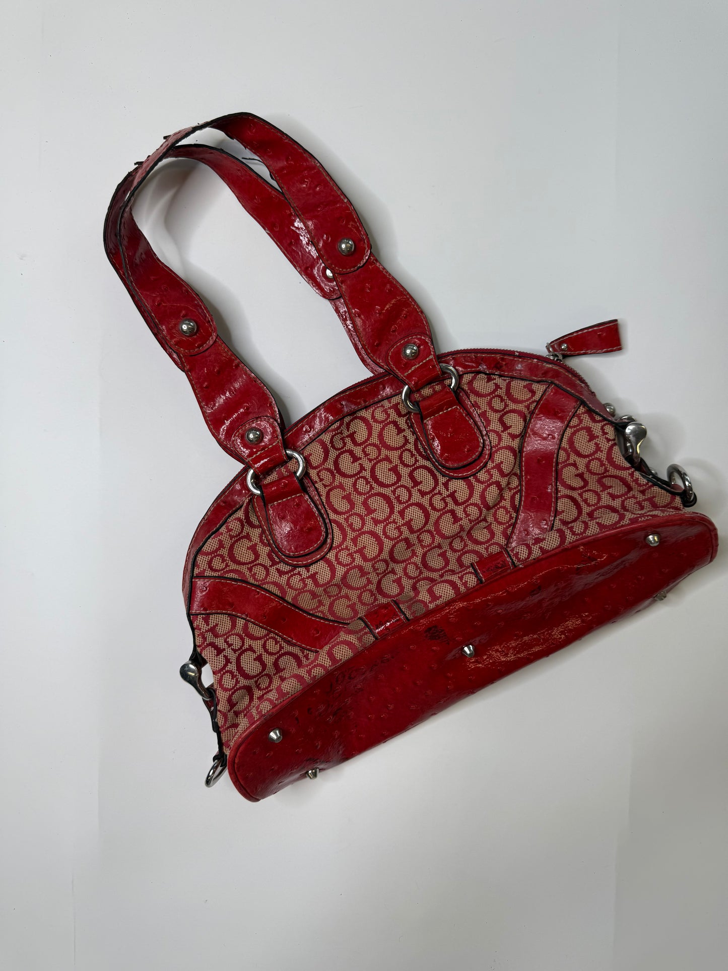 GUESS VINTAGE RED OSTRICH-EMBOSSED MONOGRAM BOWLER BAG