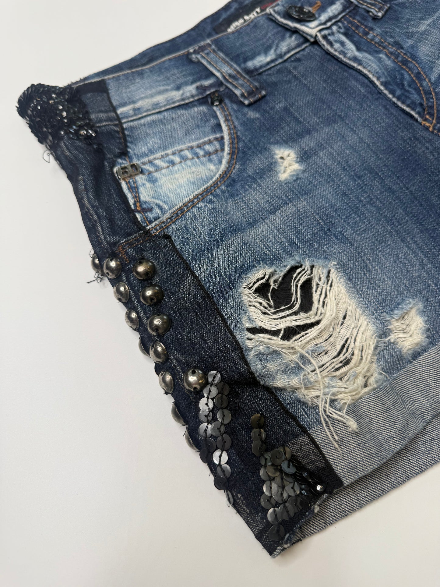 MISS SIXTY VINTAGE STUDDED SEQUIN DENIM SHORTS