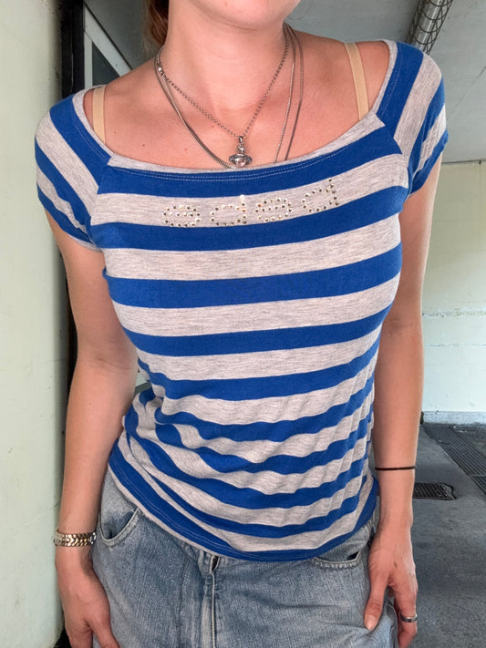BEBE VINTAGE RHINESTONE LOGO STRIPED TEE