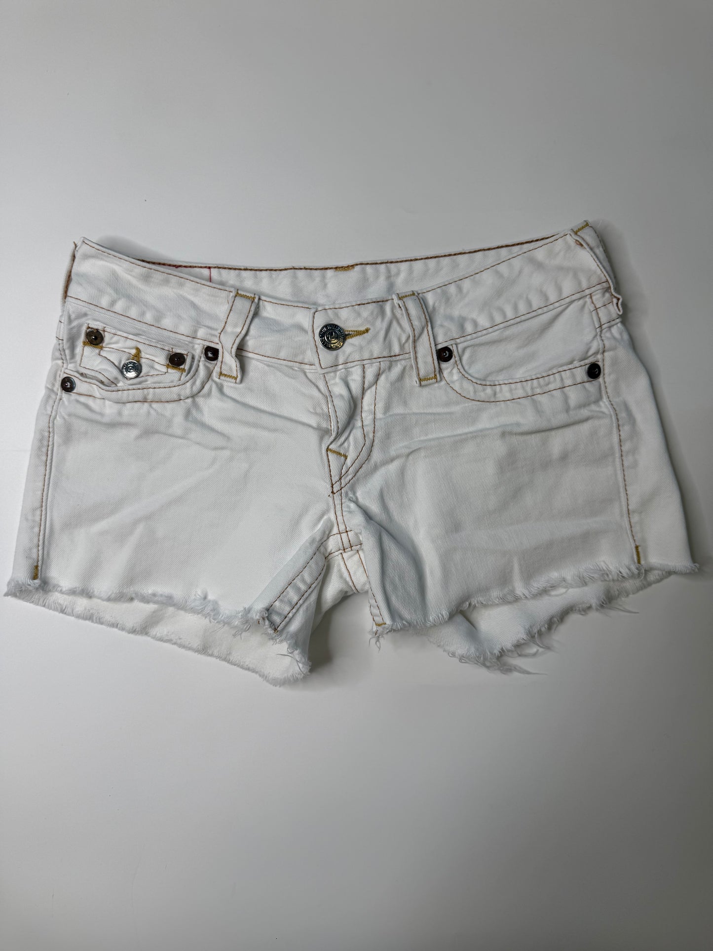 TRUE RELIGION VINTAGE WHITE FLAP POCKET DENIM SHORTS