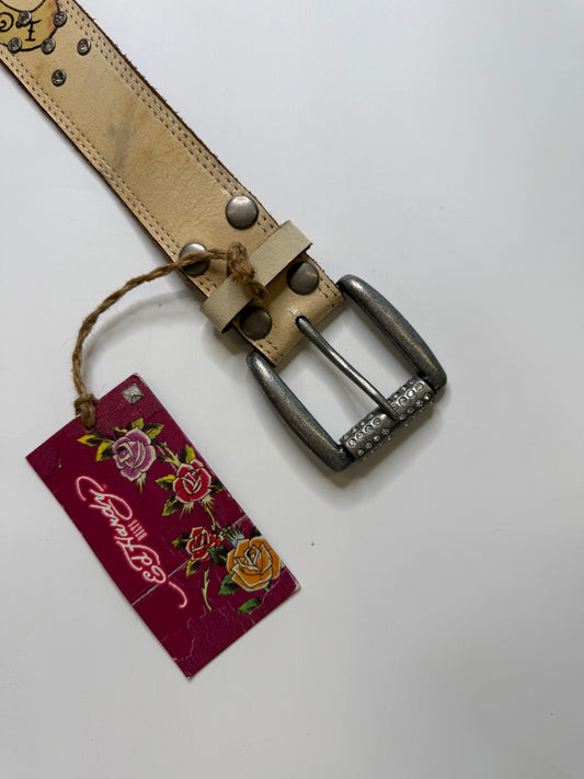 RARE DEADSTOCK ED HARDY STUDDED LEATHER BELT  – CREAM (S)