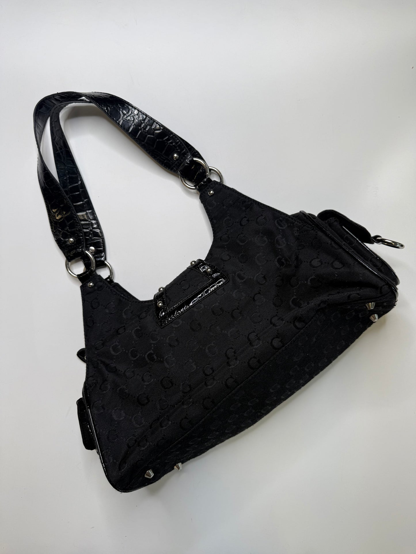 GUSSACCI VINTAGE BLACK MONOGRAM RHINESTONE G HANDBAG