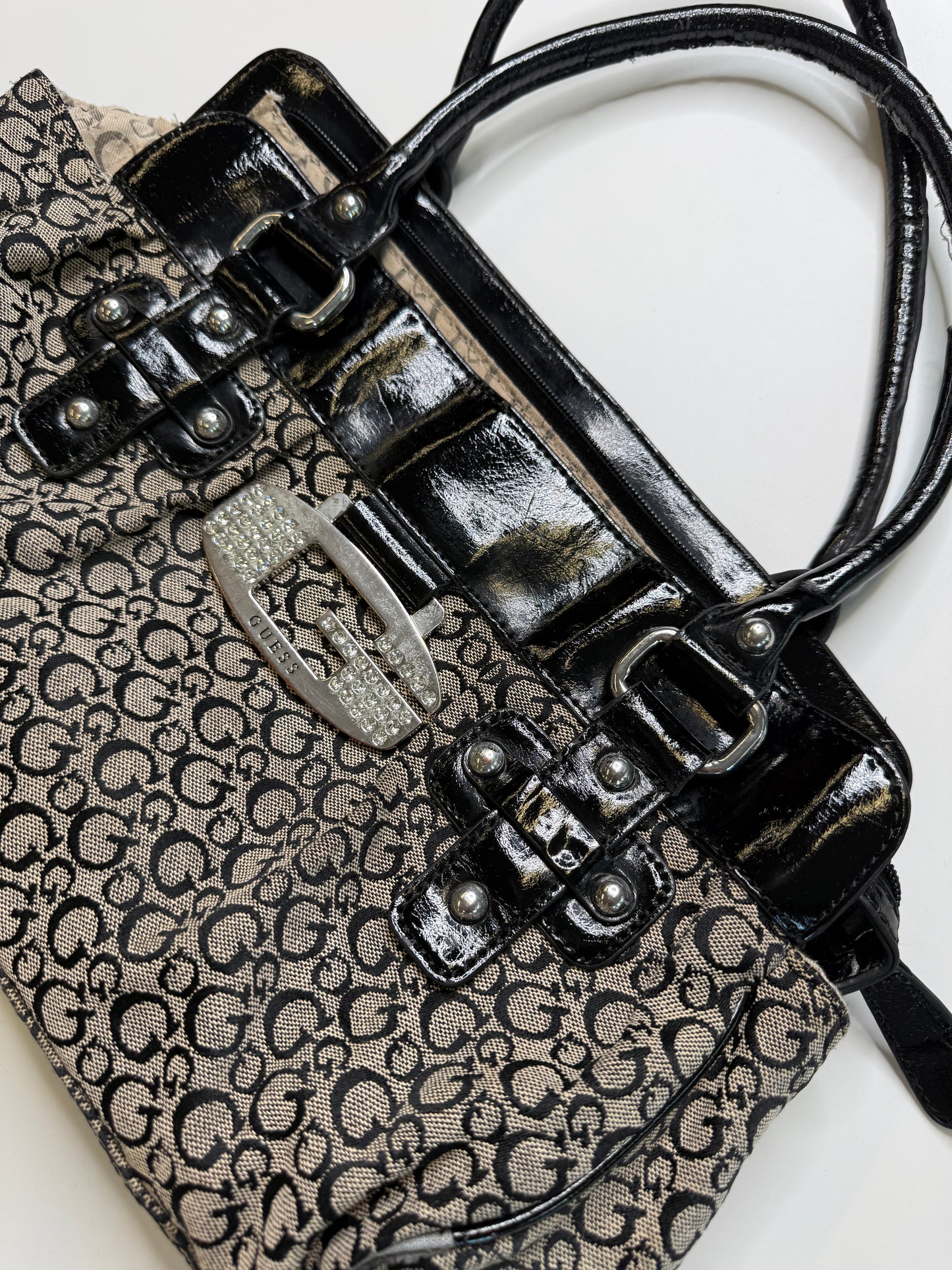 GUESS VINTAGE MONOGRAM RHINESTONE BUCKLE HANDBAG