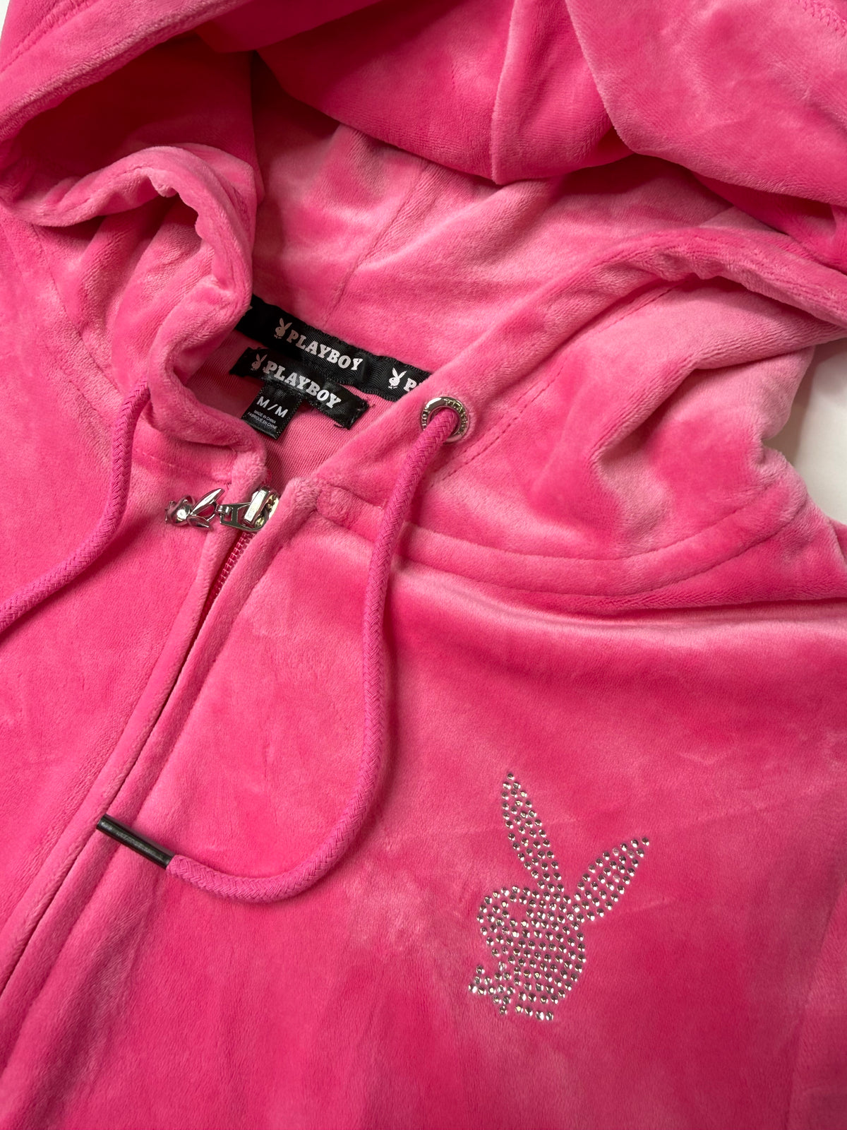 PLAYBOY RHINESTONE BUNNY VELOUR HOODIE PINK (M)