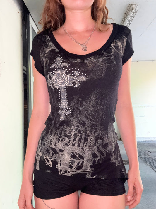 GOTHIC ANGEL WINGS ROSE BURNOUT TEE 2000s (M)