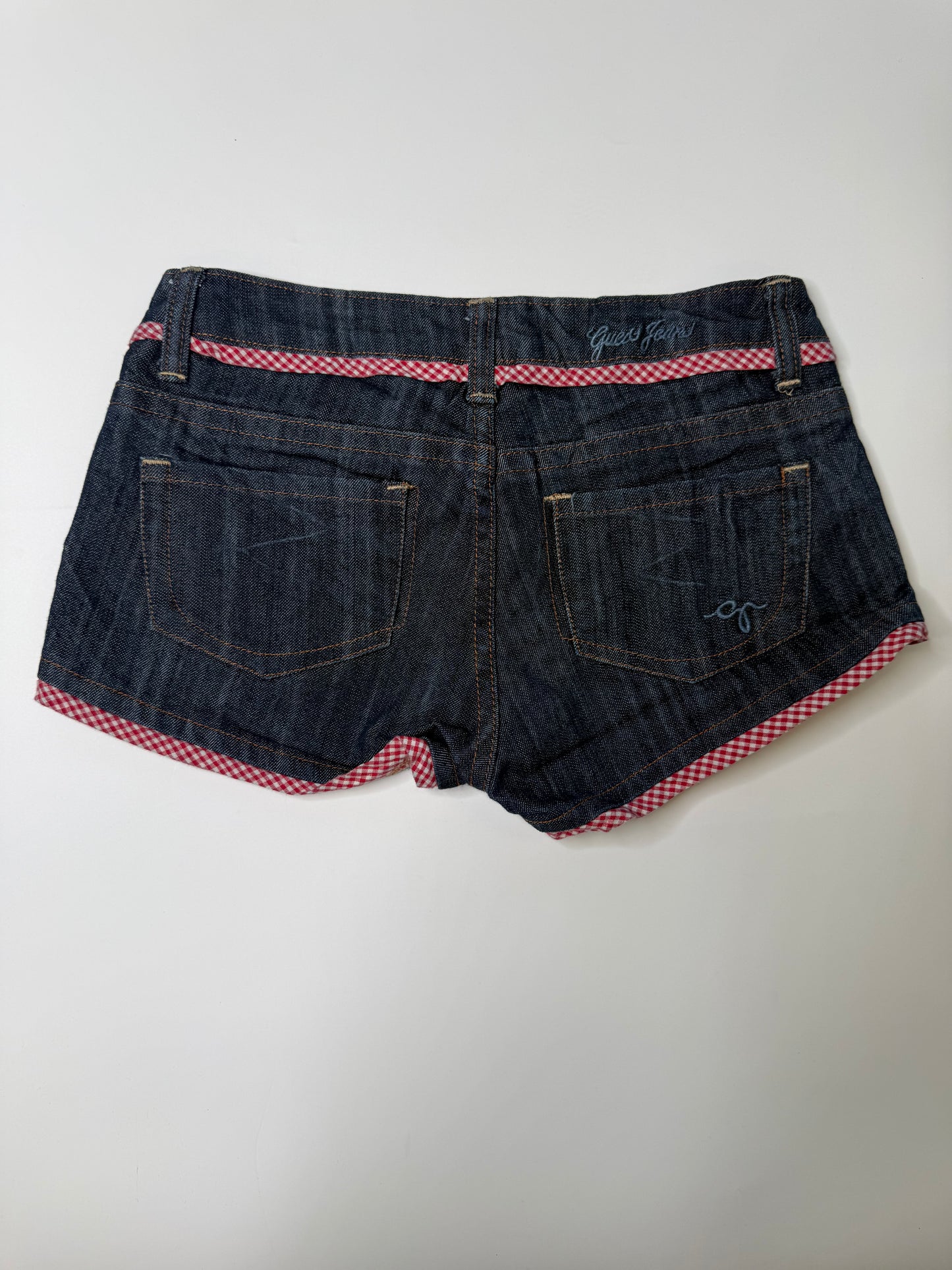 GUESS VINTAGE GINGHAM TRIM DENIM SHORTS