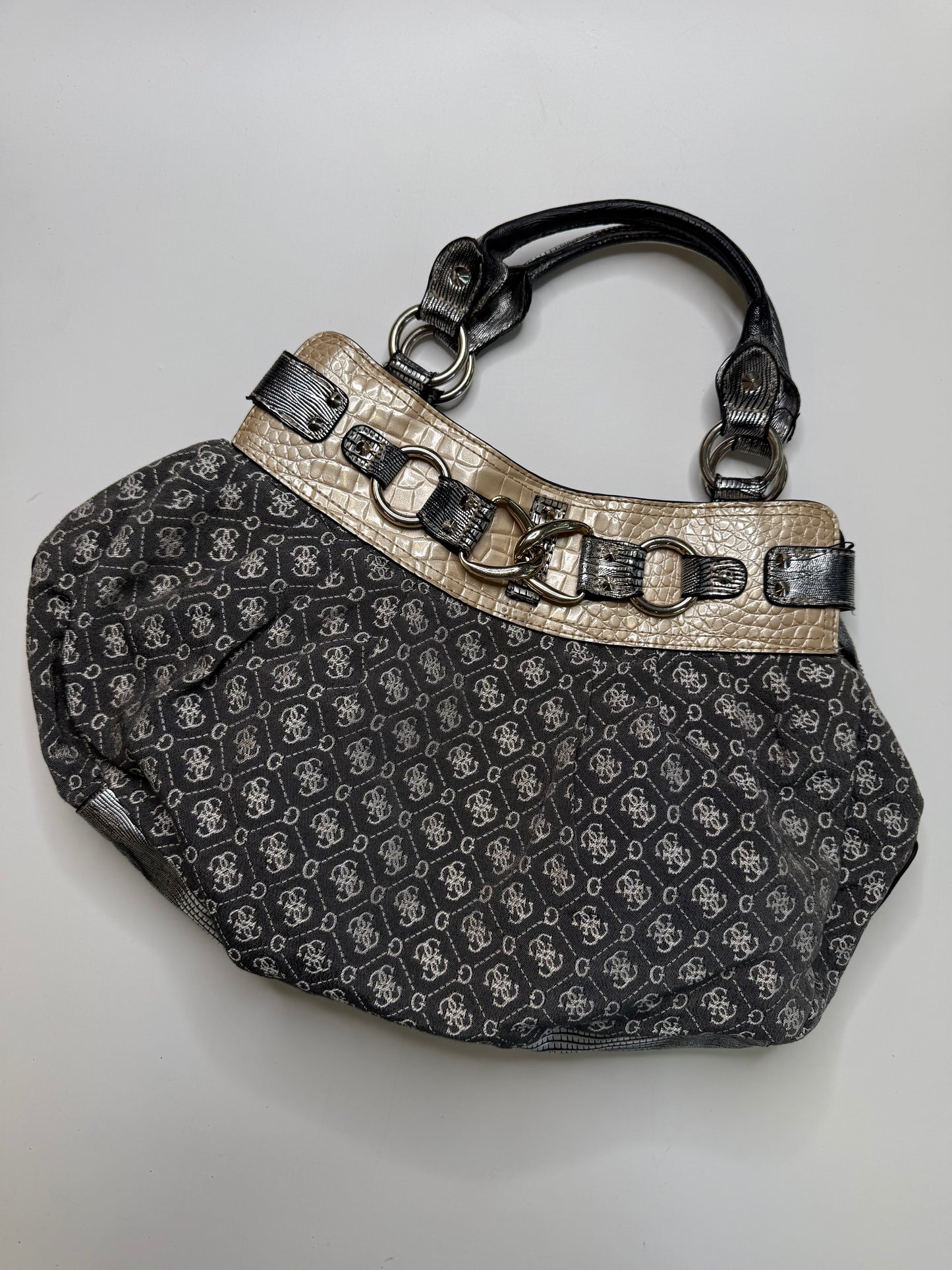 GUESS VINTAGE G LOGO JACQUARD CROC TRIM HOBO BAG