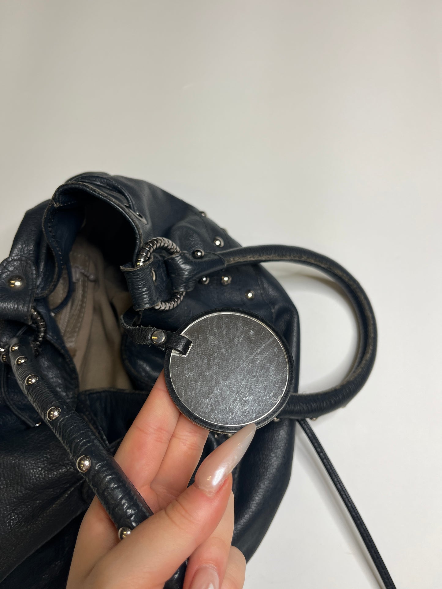GENUILE LEATHER NAVY BLUE SILVER DOTS PURSE WITH MIRROR