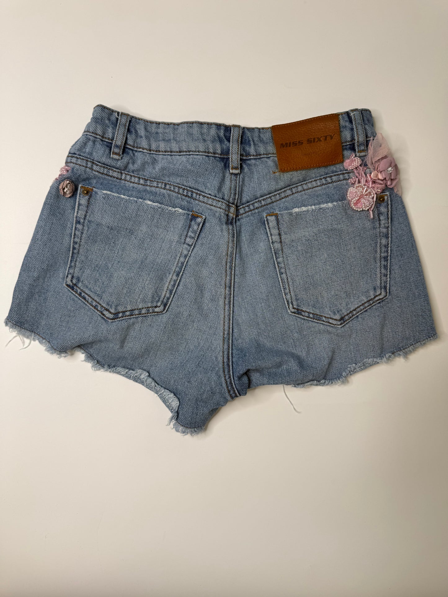 MISS SIXTY VINTAGE PEARL FLORAL DENIM CUTOFF SHORTS