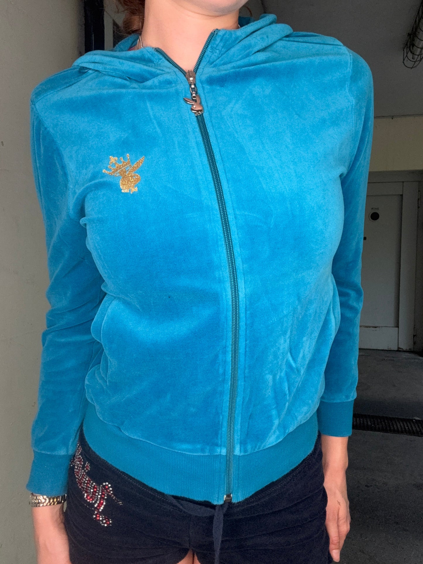 PLAYBOY VELOUR ZIP HOODIE – TEAL (M)