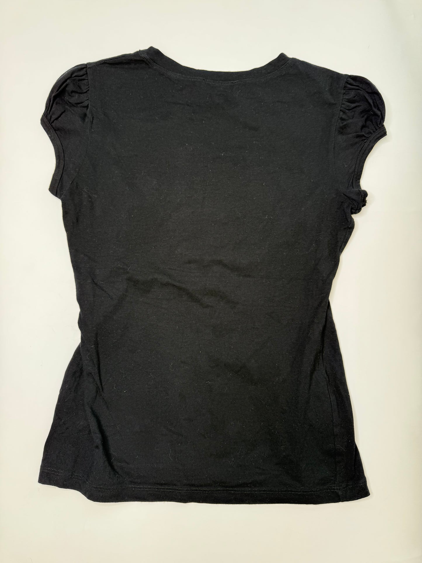 BEBE VINTAGE METALLIC RHINESTONE LOGO RUSHED SLEEVE T-SHIRT (M)