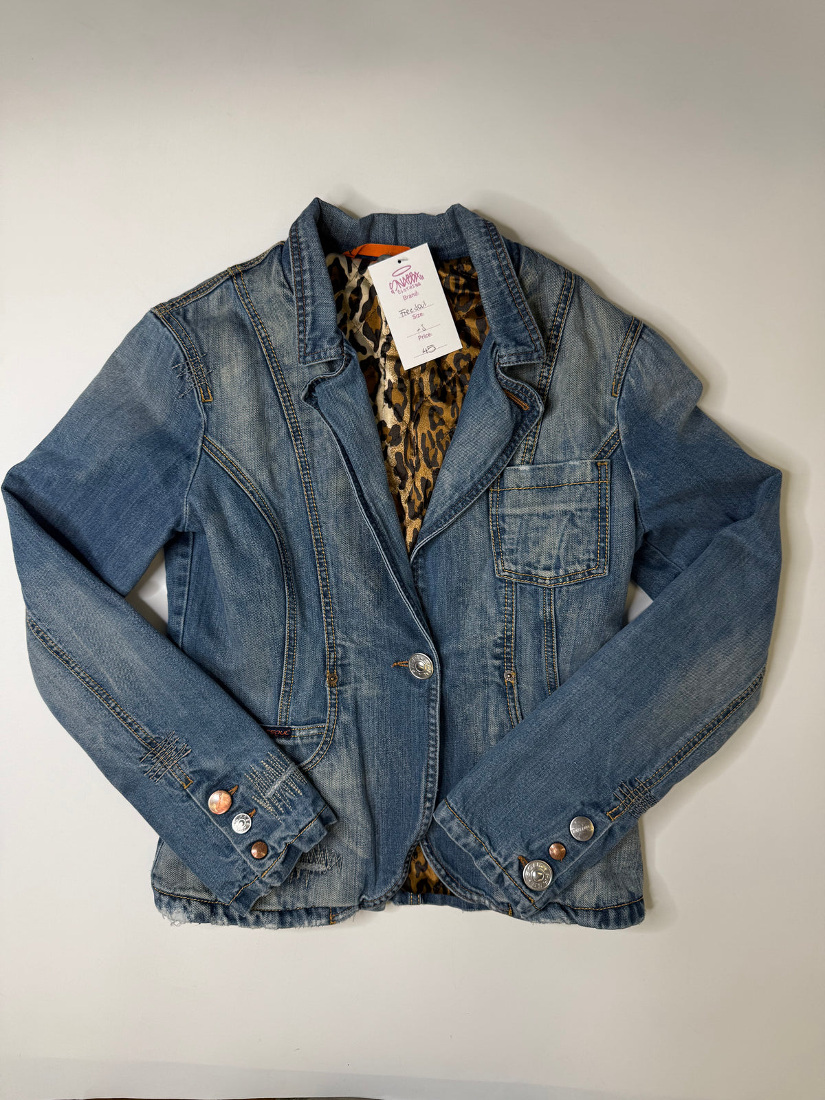 FREE SOUL DENIM BLAZER – BLUE LEOPARD LINING (S)