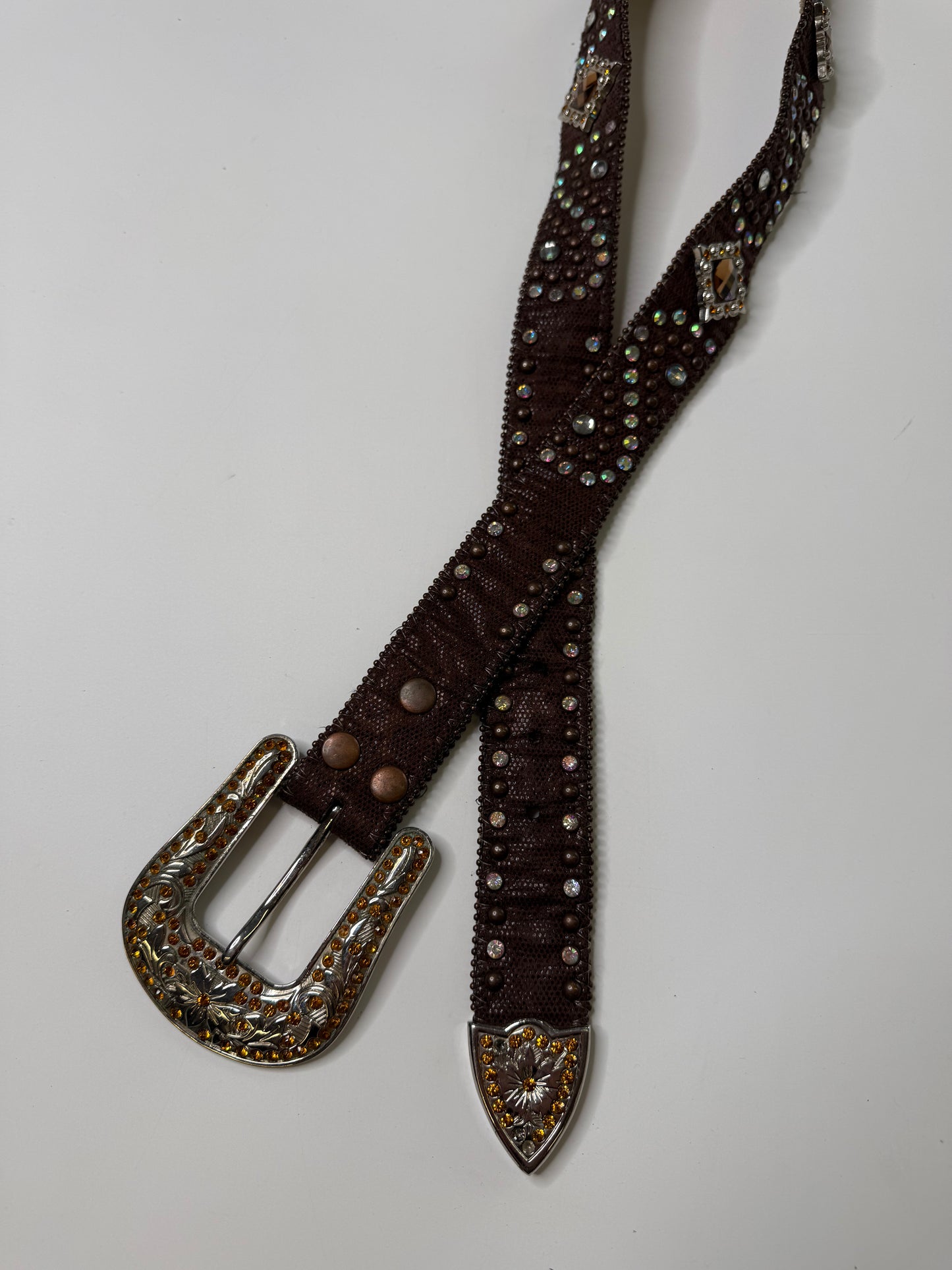 RHINESTONE WESTERN BELT – EMBOSSED LEATHER BROWN (M)