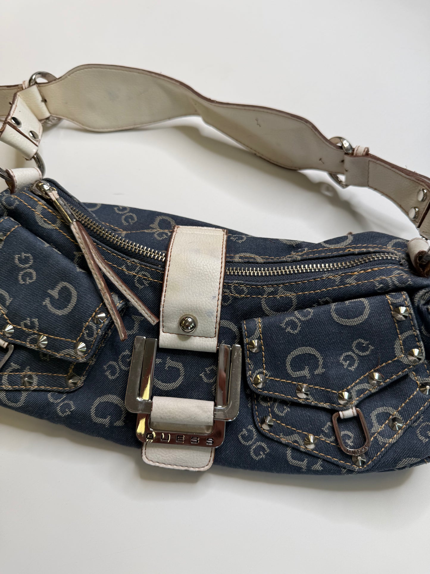 GUESS VINTAGE DENIM MONOGRAM SHOULDER BAG