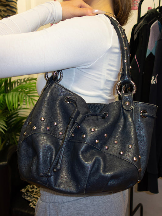 GENUILE LEATHER NAVY BLUE SILVER DOTS PURSE WITH MIRROR