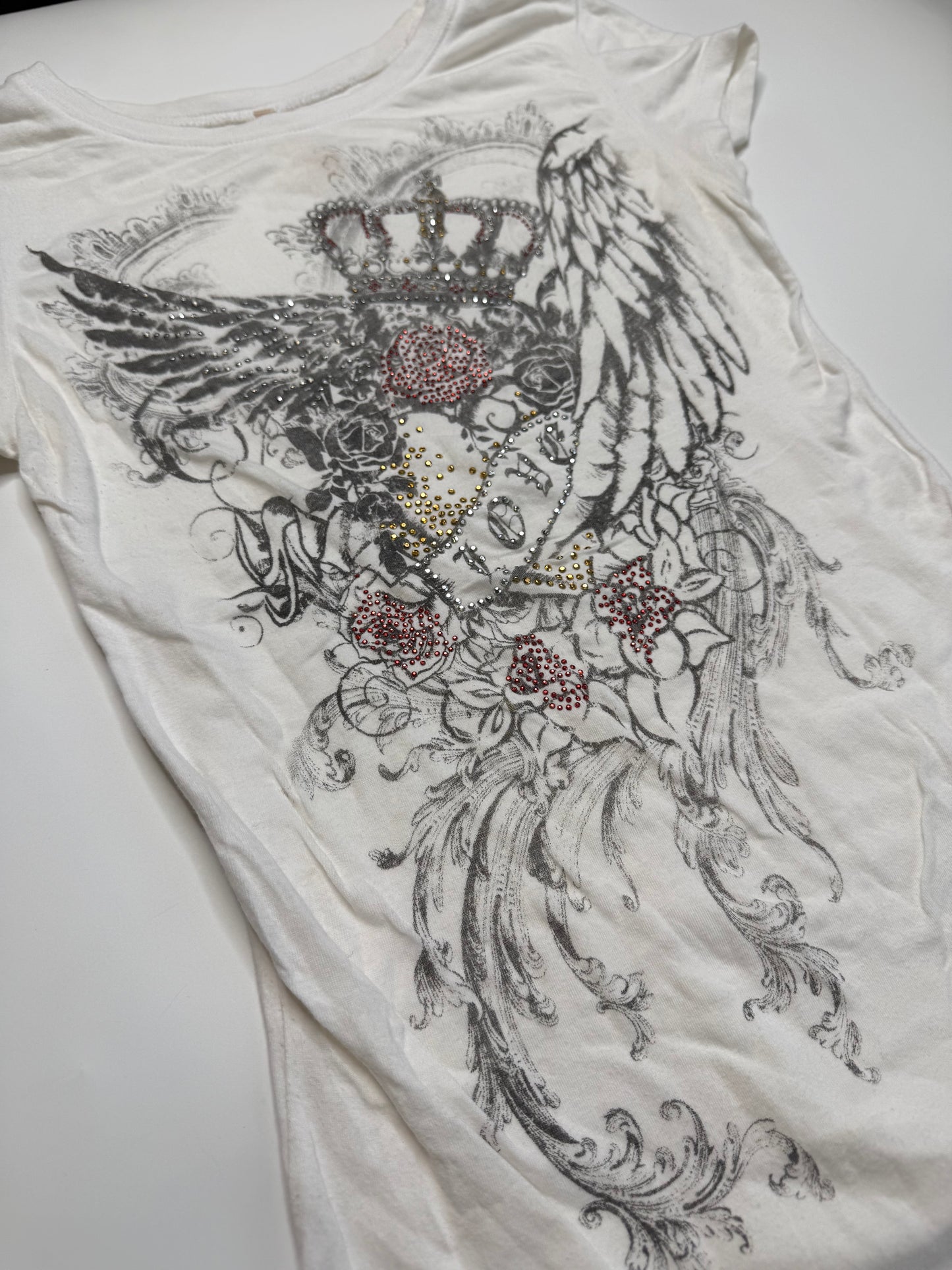 VINTAGE TATTOO ART RHINESTONE GRAPHIC T-SHIRT (S-M)