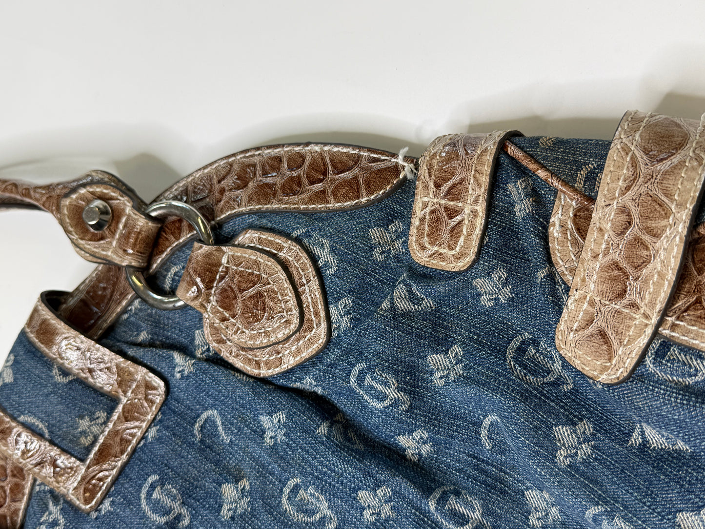 GUESS VINTAGE DENIM CROC-TRIM SATCHEL