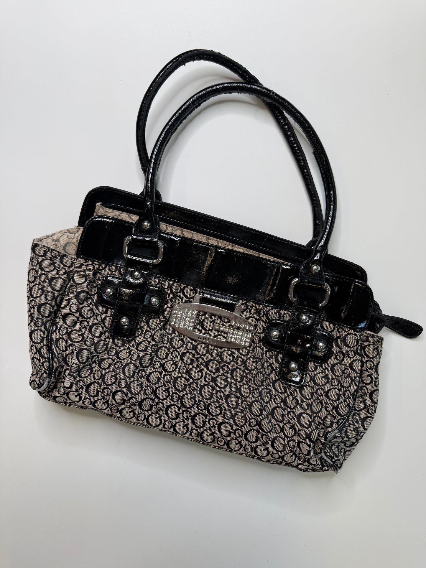 GUESS VINTAGE MONOGRAM RHINESTONE BUCKLE HANDBAG
