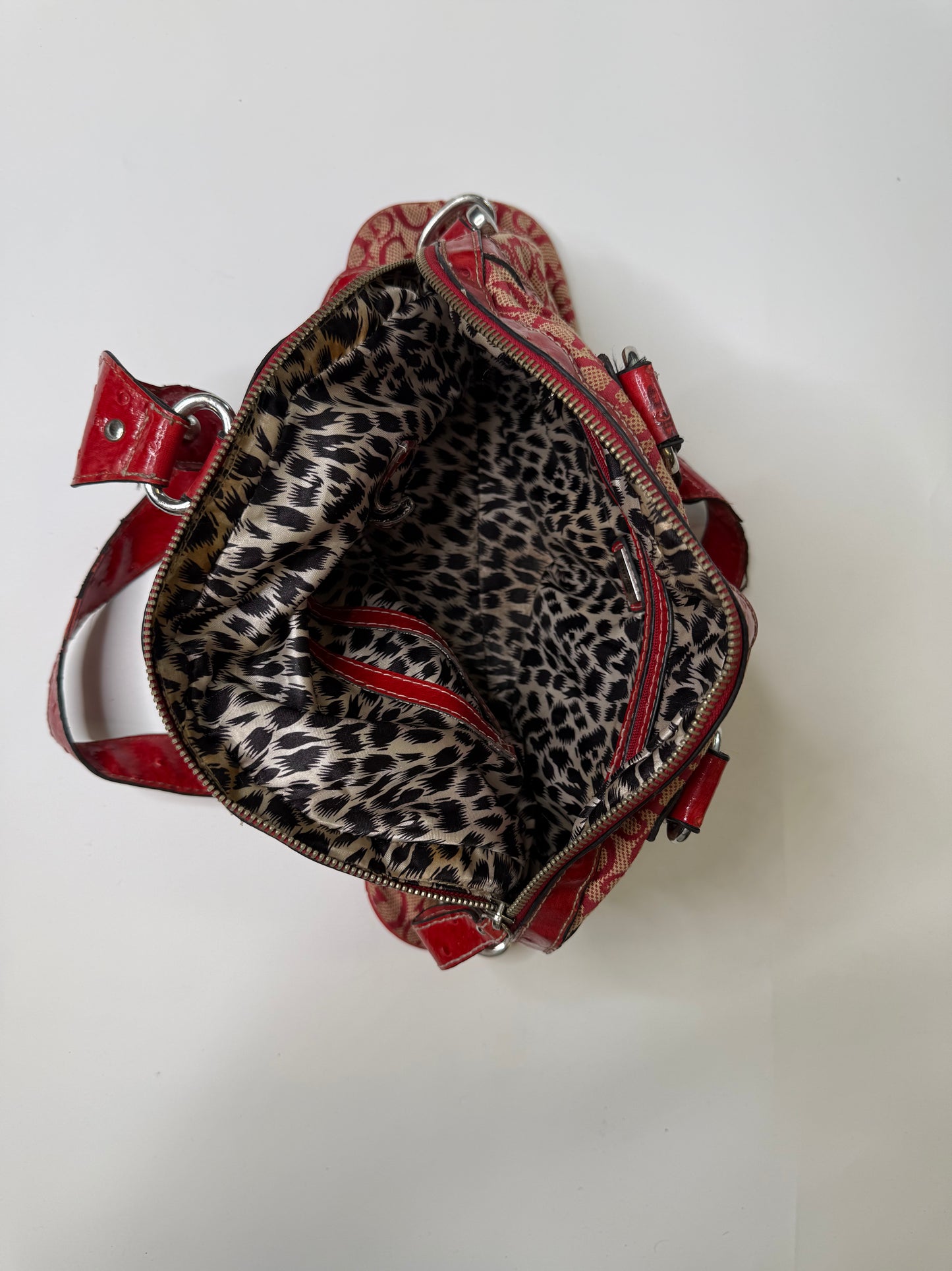GUESS VINTAGE RED OSTRICH-EMBOSSED MONOGRAM BOWLER BAG